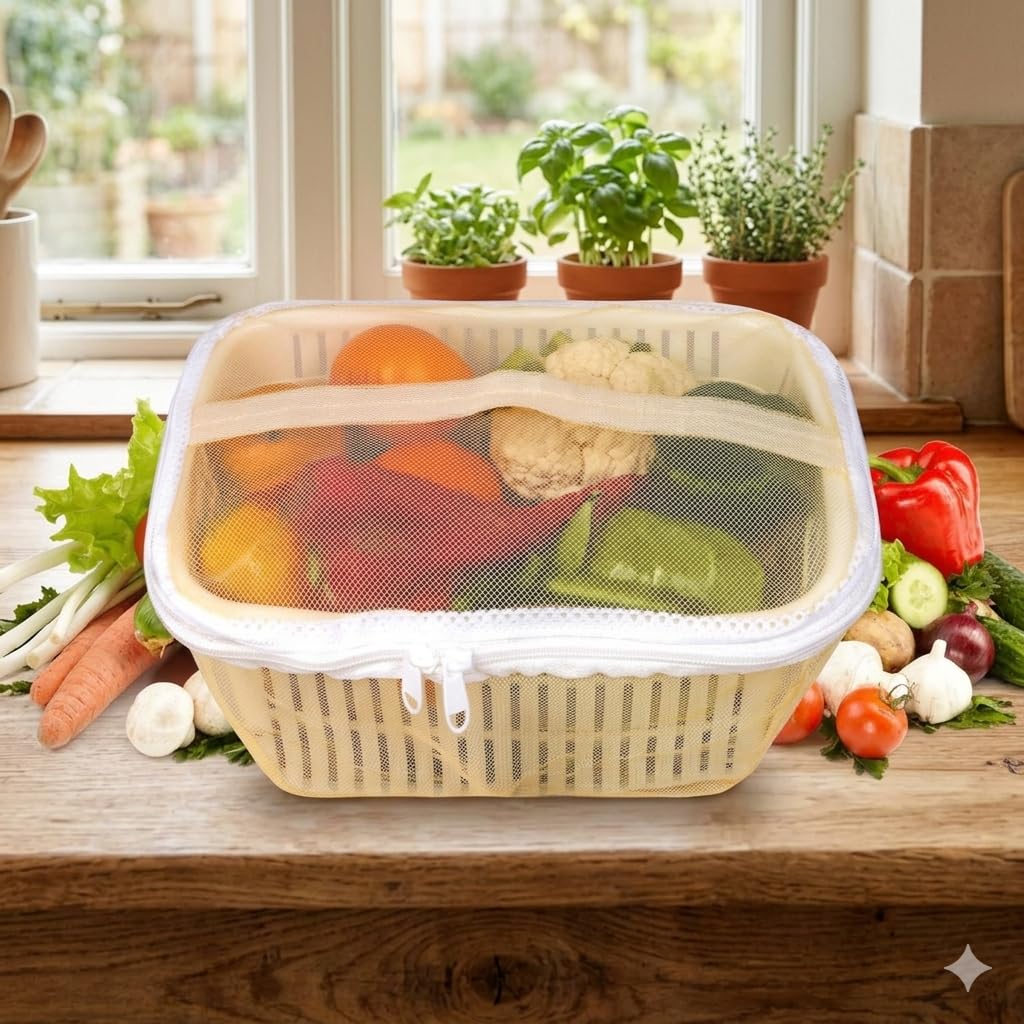 VELLURA Round Shape Plastic Fruit & Vegetable Basket with Net mesh (Jali) | Vegetables & Fruit Bowl for Dining Table,Kitchen Fruit Storage Basket with Zip Net Cover (Off-White)-picture-23