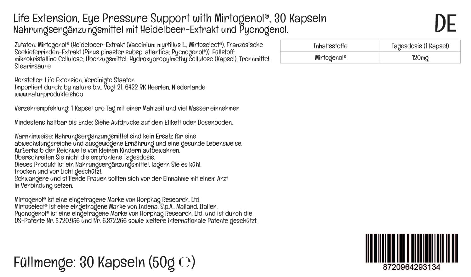 Life Extension, Eye Pressure Support with Mirtogenol, Extracto de Arándano y Pycnogenol, 30 Cápsulas veganas, Testado en Laboratorio, Sin Gluten, Vegetariano, Sin Soja, No GMO