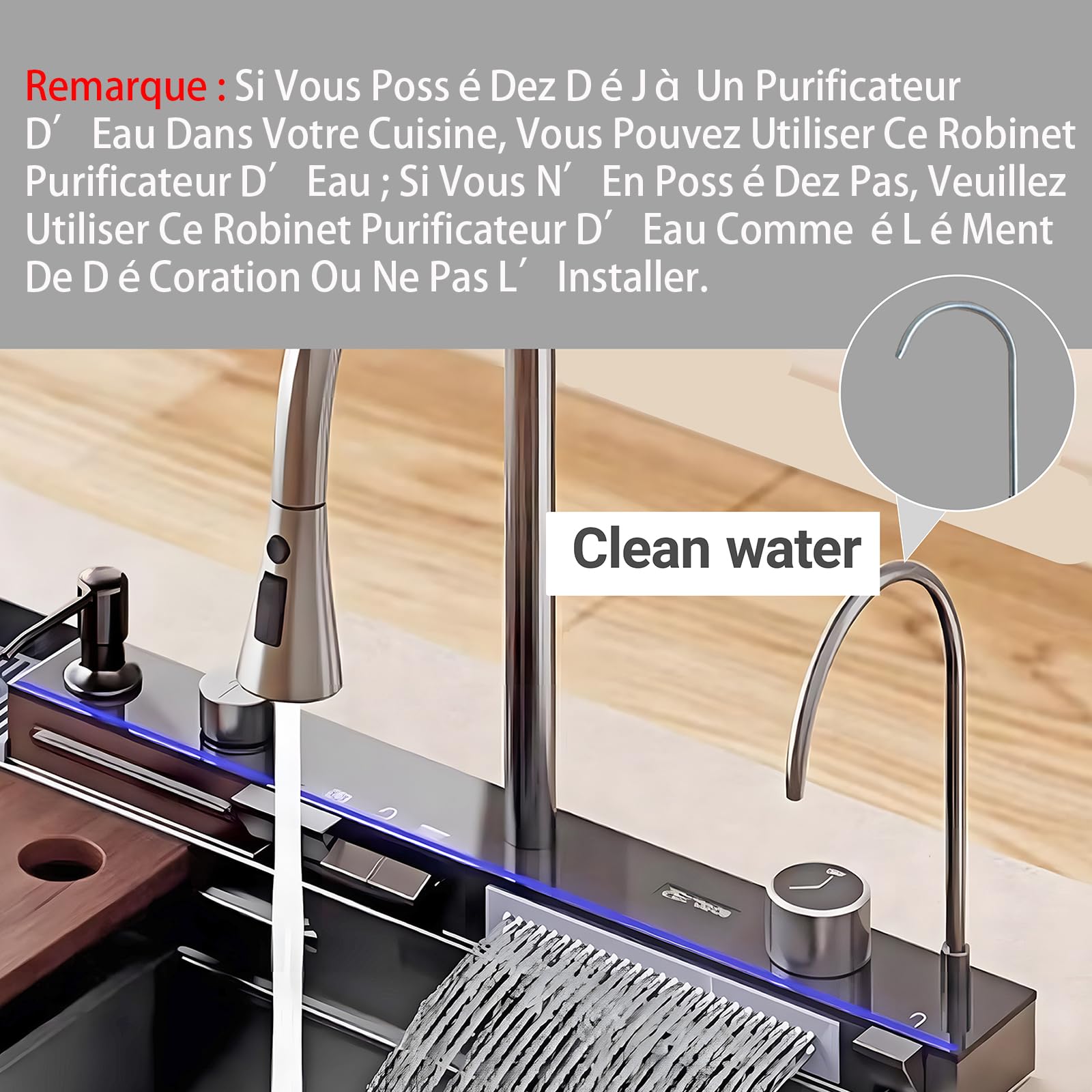 Noir Évier de cuisine 1 baignoire multifonction en acier inoxydable, évier en cascade, avec drainage, planche à découper, lavages, distributeur de savon
