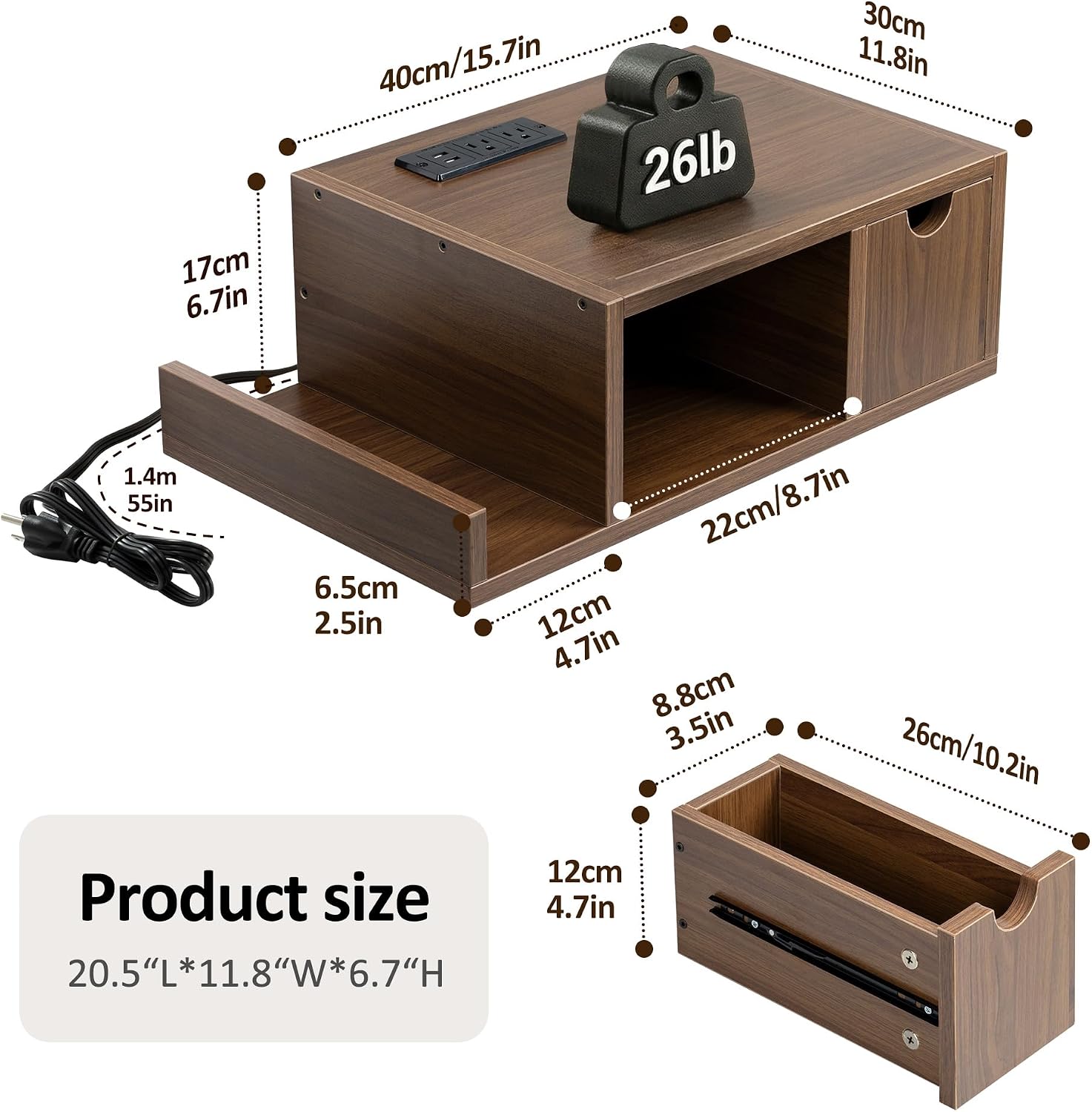 Afuly Walnut Floating Nightstand with Charging Station Narrow Bedside Table image 3