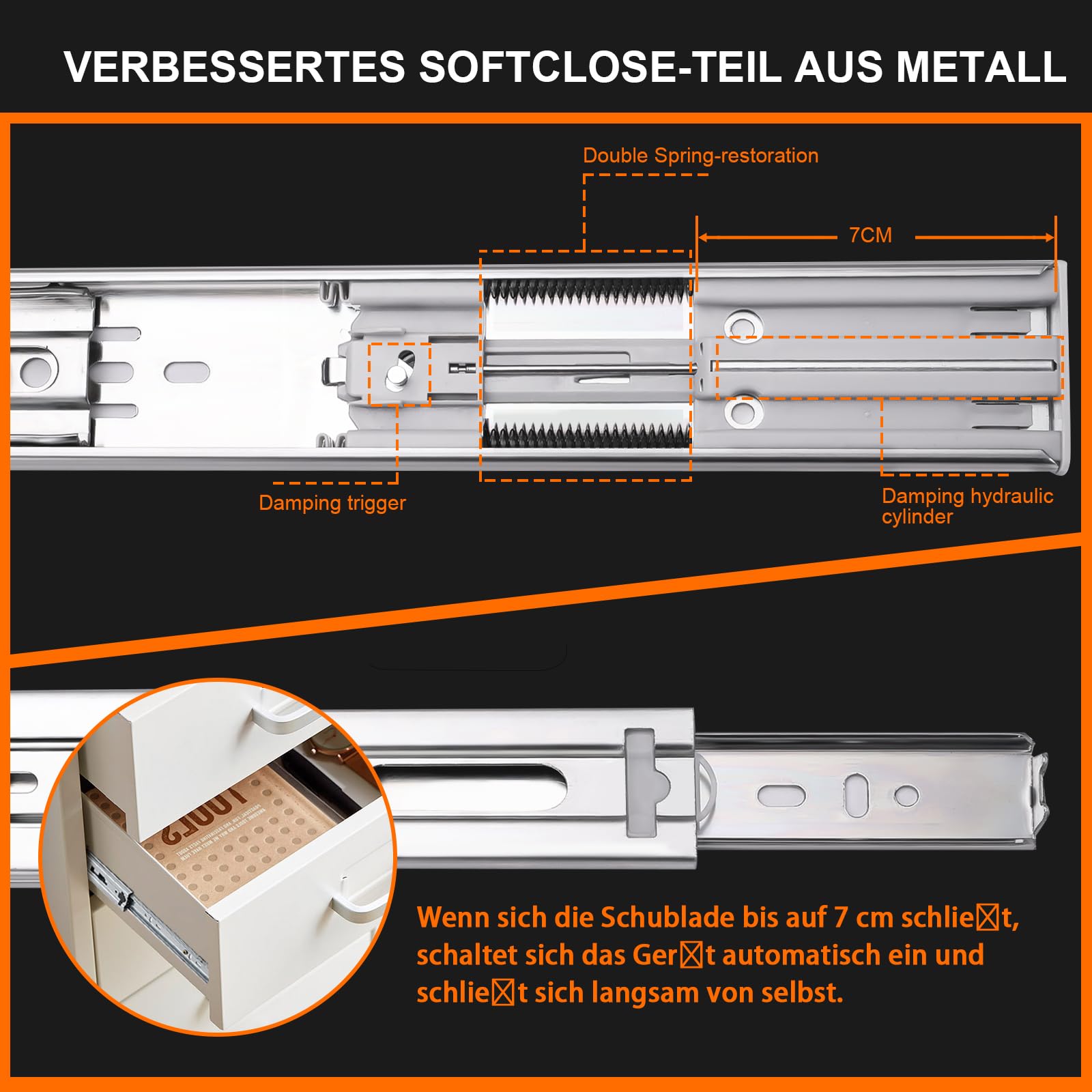 Schubladenschienen, 50cm, 6 Paar (12 Stück), sanft schließende, Vollauszug, 3-fach gefaltet, rollenauszug schubladenauszüge, seitliche Montage, schubkastenauszug, 45,4 kg Kapazität, Silber,20inch