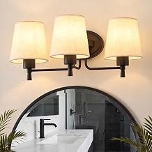 Matte Black Bathroom Light Fixtures 3 Lights with Beige Linen Fabric shade