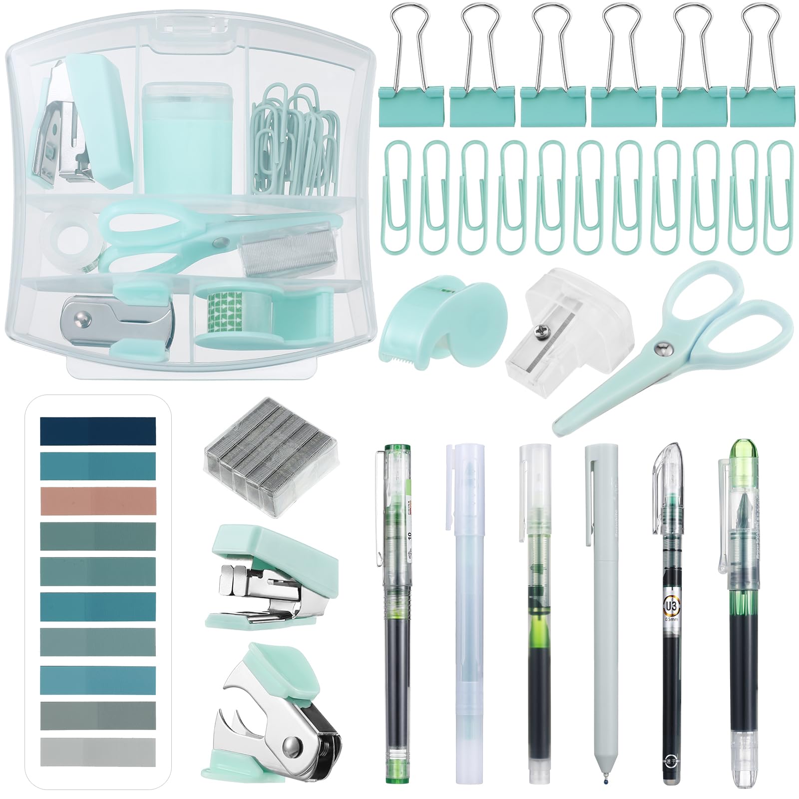 Colarr Mini Office Supply Kit Includes Stapler Tape Dispenser Staple Remover Paper Clips Scissor Staples Pen Sharpener Note Small Telescopic Knife for Office and School Clerk Student (Green)