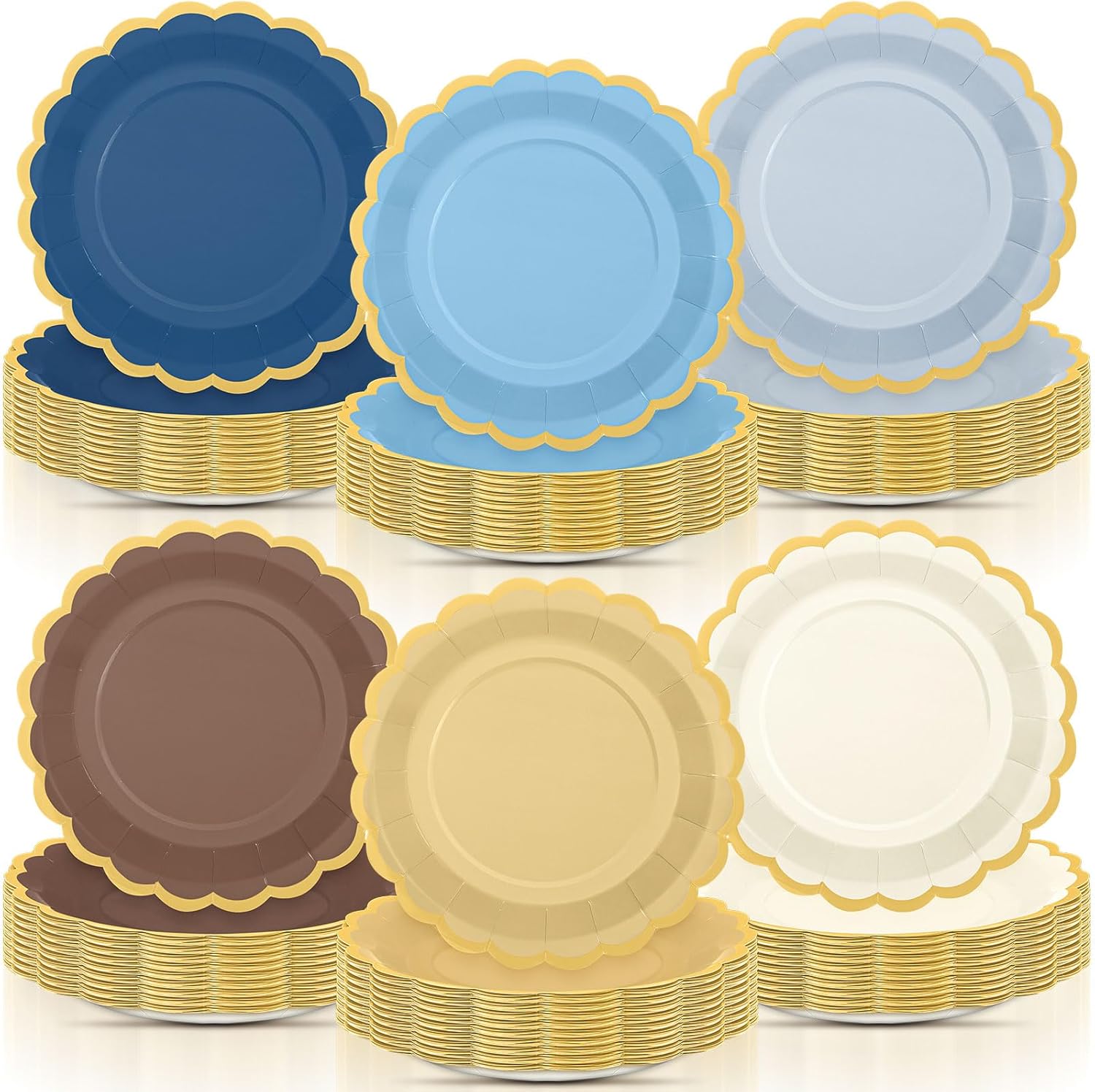 96 Pcs Blue Brown Paper Plates 9 Inch Gradient Scalloped Paper Plates Disposable Dinner Dessert for Birthday Wedding Bridal Party Supplies, 6 Colors