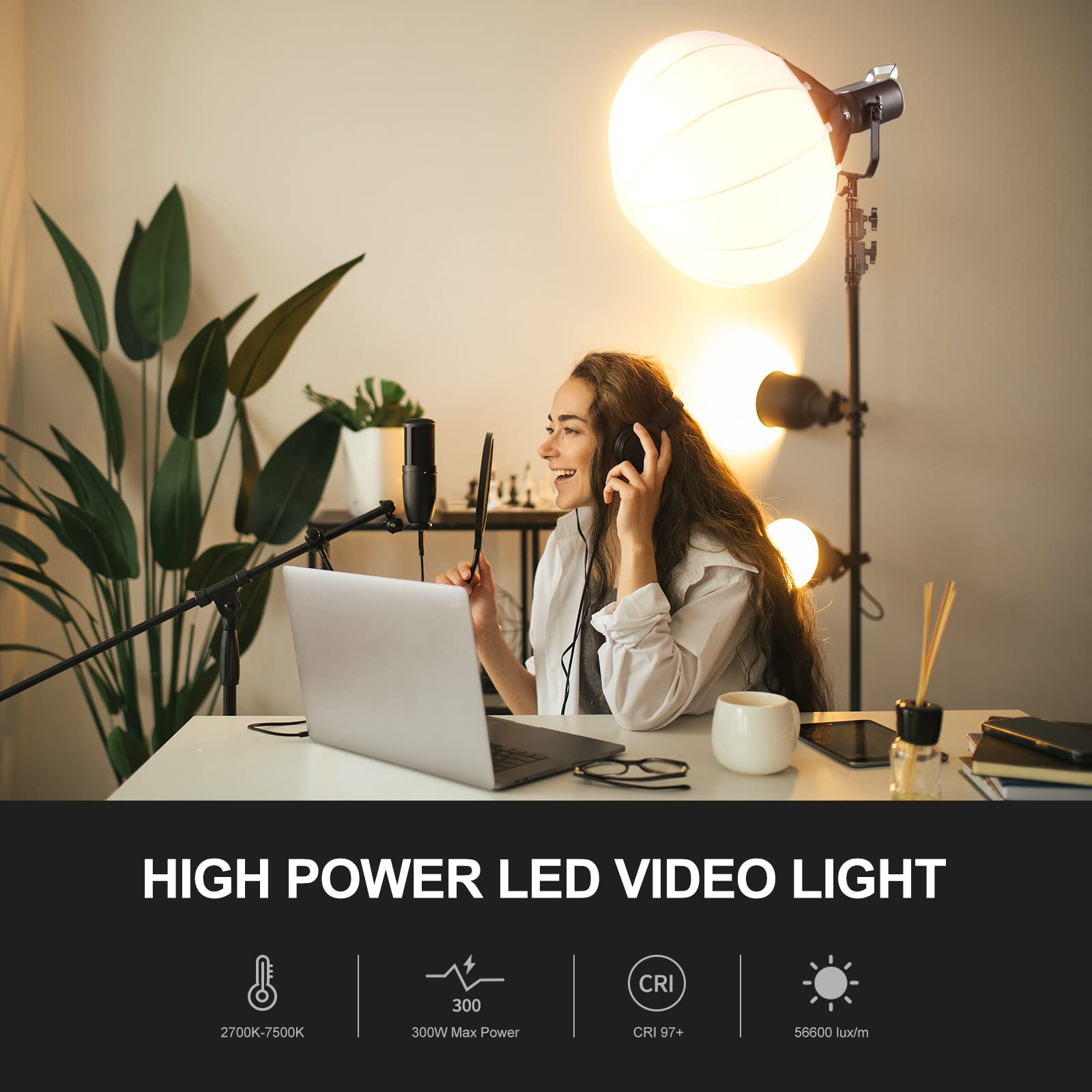 GVM 300 W Kit di illuminazione video LED COB con scatola luminosa Lanterna da 26 pollici, illuminazione fotografica 2700~7500 K CRI97 +luci da studio per la registrazione video di film fotografici