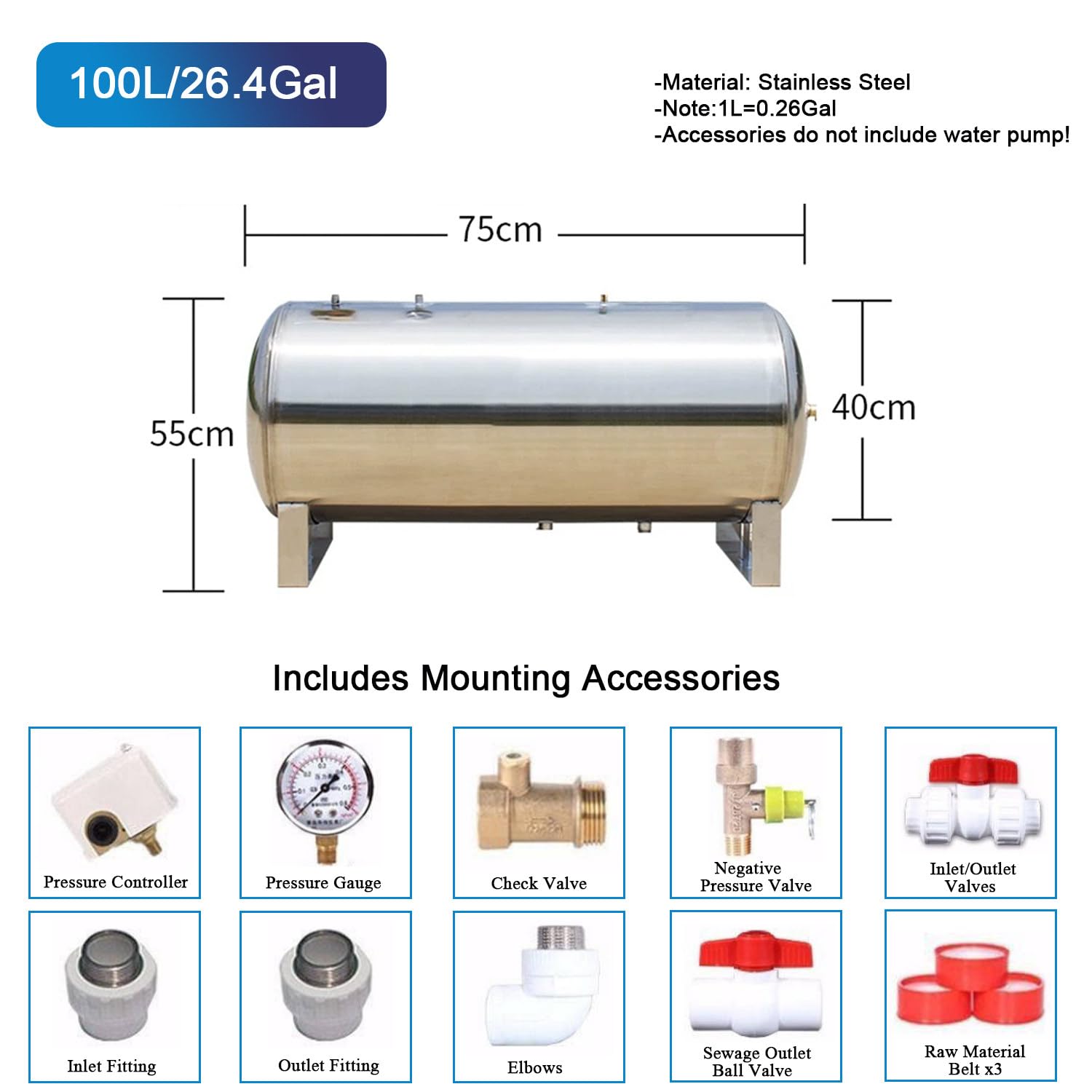 Tanque de Presión de Acero Inoxidable, 100 160 200L, Vaso de Expansión, Tanque de Presión de Almacenamiento de Agua 220V, para el Hogar/Jardín/Agricultura,100L/26.4Gal