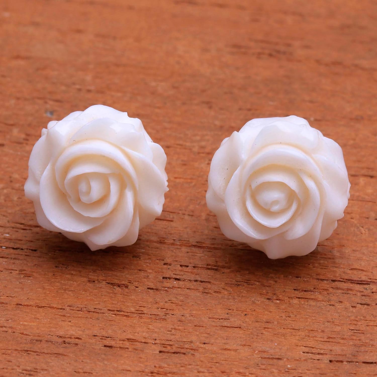 NOVICA Artisan Handmade Bone Button Earrings Handcarved Rose from Bali Indonesia Floral [0.6 in L x 0.6 in W x 0.3 in D] ' Fascinating Roses'