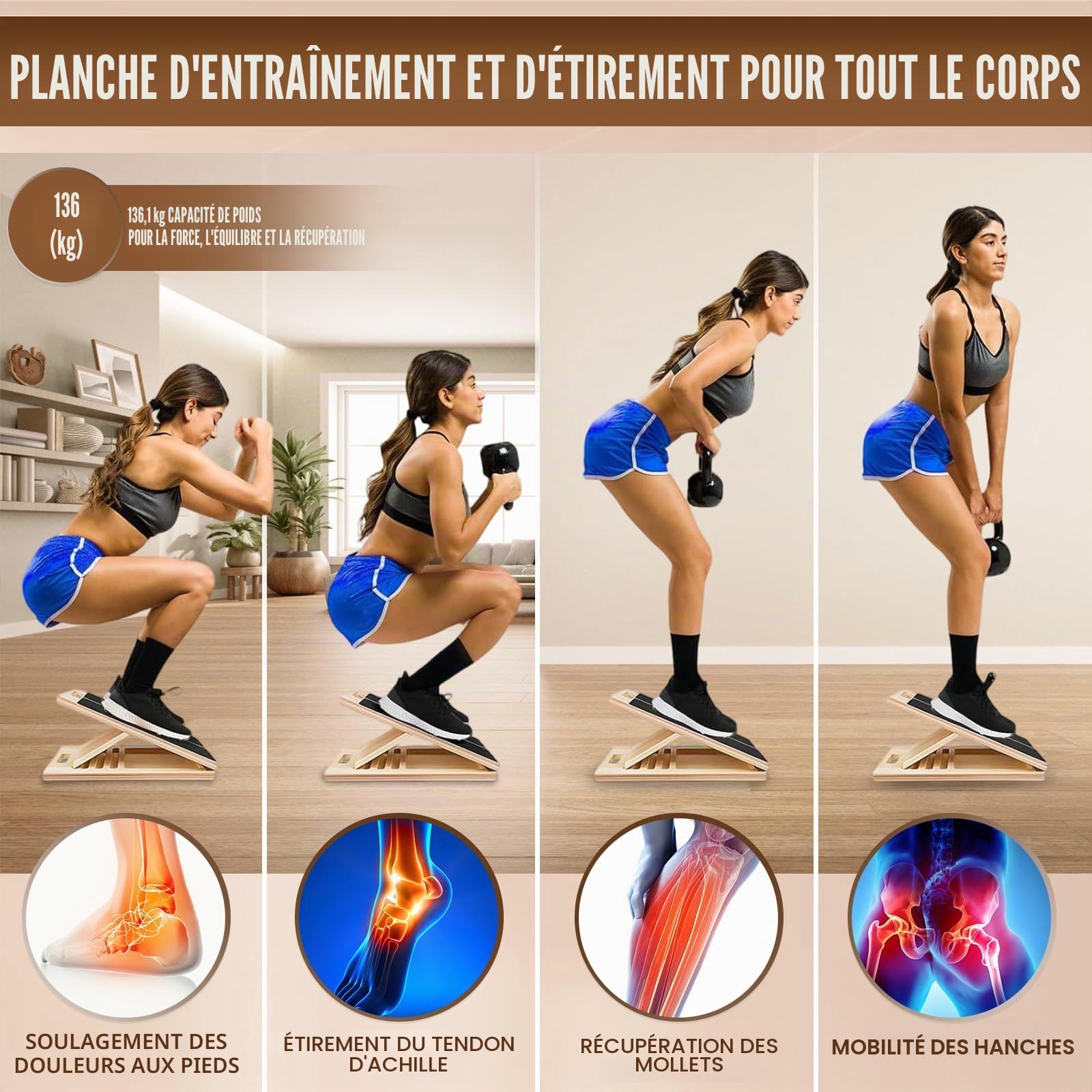 Planche d’Étirement Inclinée Réglable en Bois 40×30×4,5 cm avec 5 Bandes de Résistance – Planche Fitness Antidérapante pour Squats, Mollets & Rééducation – Inclinaison pour Yoga, Pilates et Kinésithér