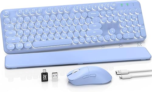 Miniatura 26 de Teclado inalámbrico, teclas redondas, teclado de máquina de escribir retro con reposamuñecas desmontable, modo de suspensión, patas plegables,