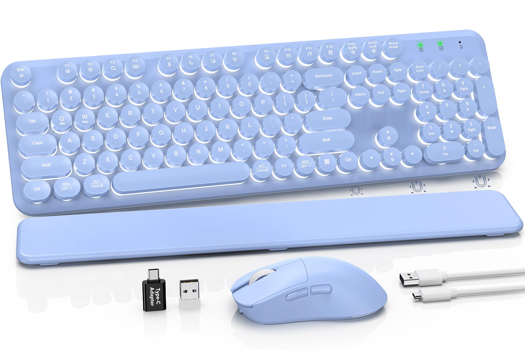 Wireless Keyboard and Mouse Combo, Backlit Round Keycaps, Retro Typewriter Keyboard with Detachable Wrist Rest, Rechargeable &amp; Tilt Legs, 2.4GHz Cordless Connection for Windows/PC (Glowing Purple)
