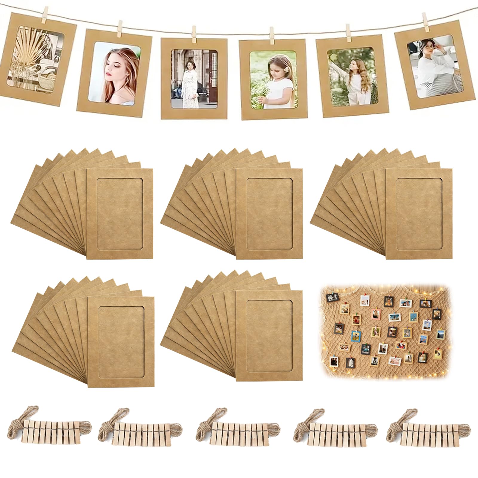 Hexizexi 50 Pcs 4x6 Inch Paper Photo Frames Brown Hanging Cardboard Photo Frames with 50 Wooden Clips and 5 Hemp Ropes for Home Office Birthday Wedding Wall Decor