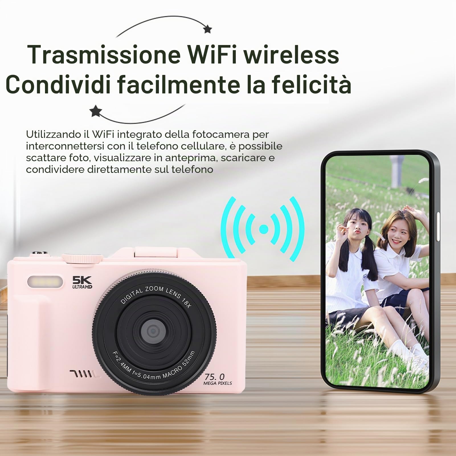 Fotocamera Digitale 5K per Fotografia, Videocamere Vlog Compatte Wi-Fi da 75 MP, Autofocus UHD, Schermo Orientabile a 180° da 3'' con Flash, Zoom 18X, Anti-vibrazione