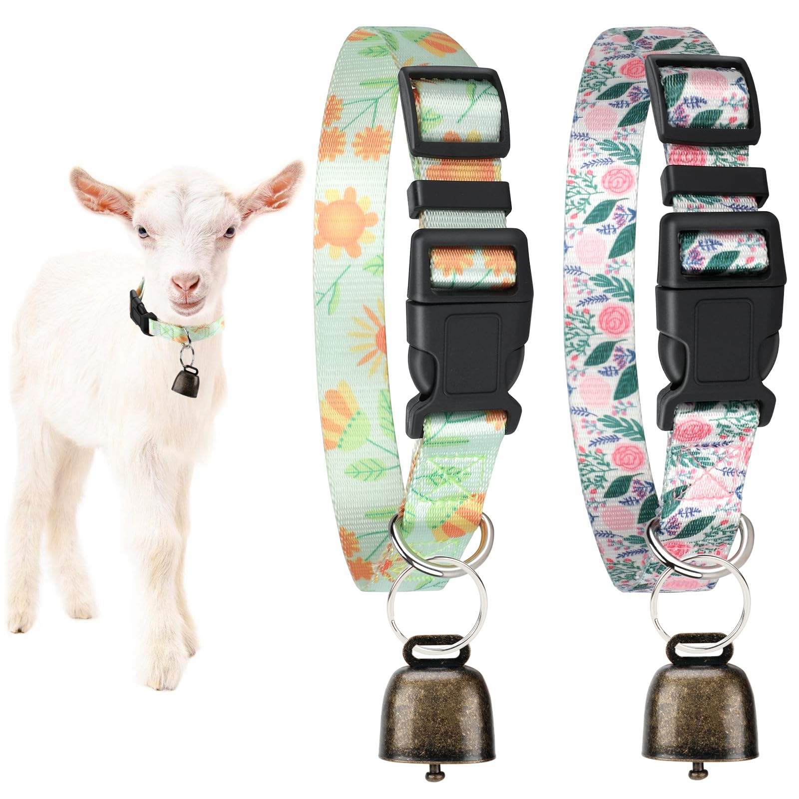 2 Pack Goat Collars with Bells Sheep Grazing Copper Bells and Adjustable Nylon Collar Set Pet Anti-Lost Loud Bronze Bell for Farm Animal Sheep Goat Cow Accessories (Floral)