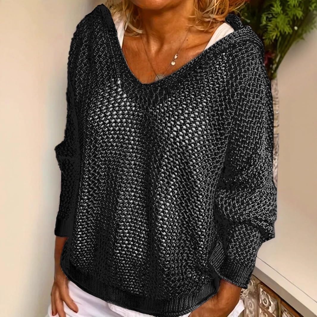 [EDAT] レディースクロシェ編みホローアウトフード付きセーター、長袖ドロップショルダープルオーバーパーカーニットウェア、Vネック