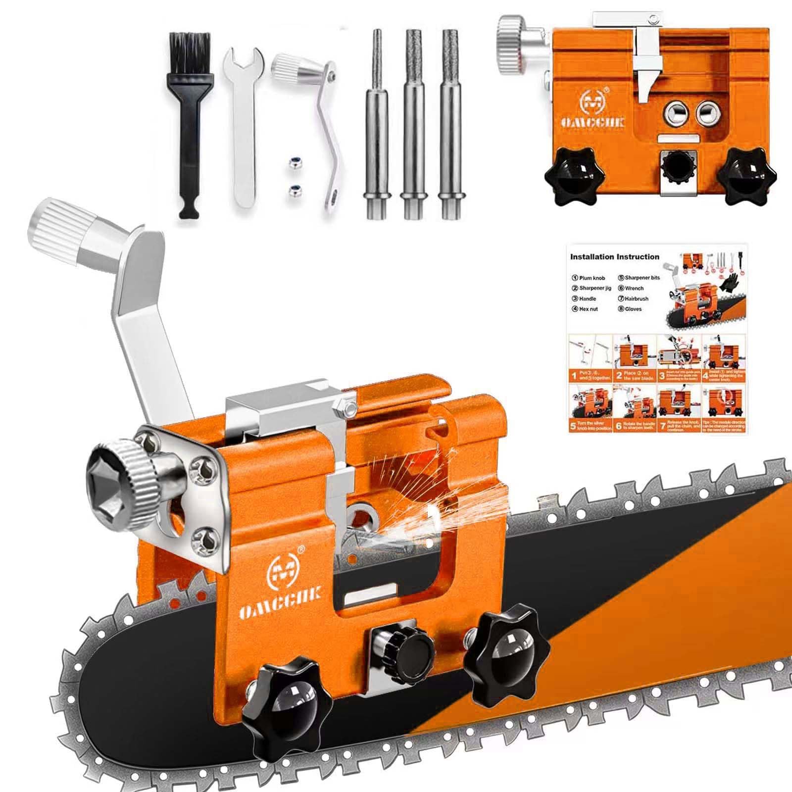 Portable Chainsaw Sharpener Jig with 5 Sharpening Steels, Universal Chainsaw Sharpening Tool with Cleaning Brush, Hand-Crank Chain Saw Sharpening Kit for 4-22" Electric Chain Saw — view 9