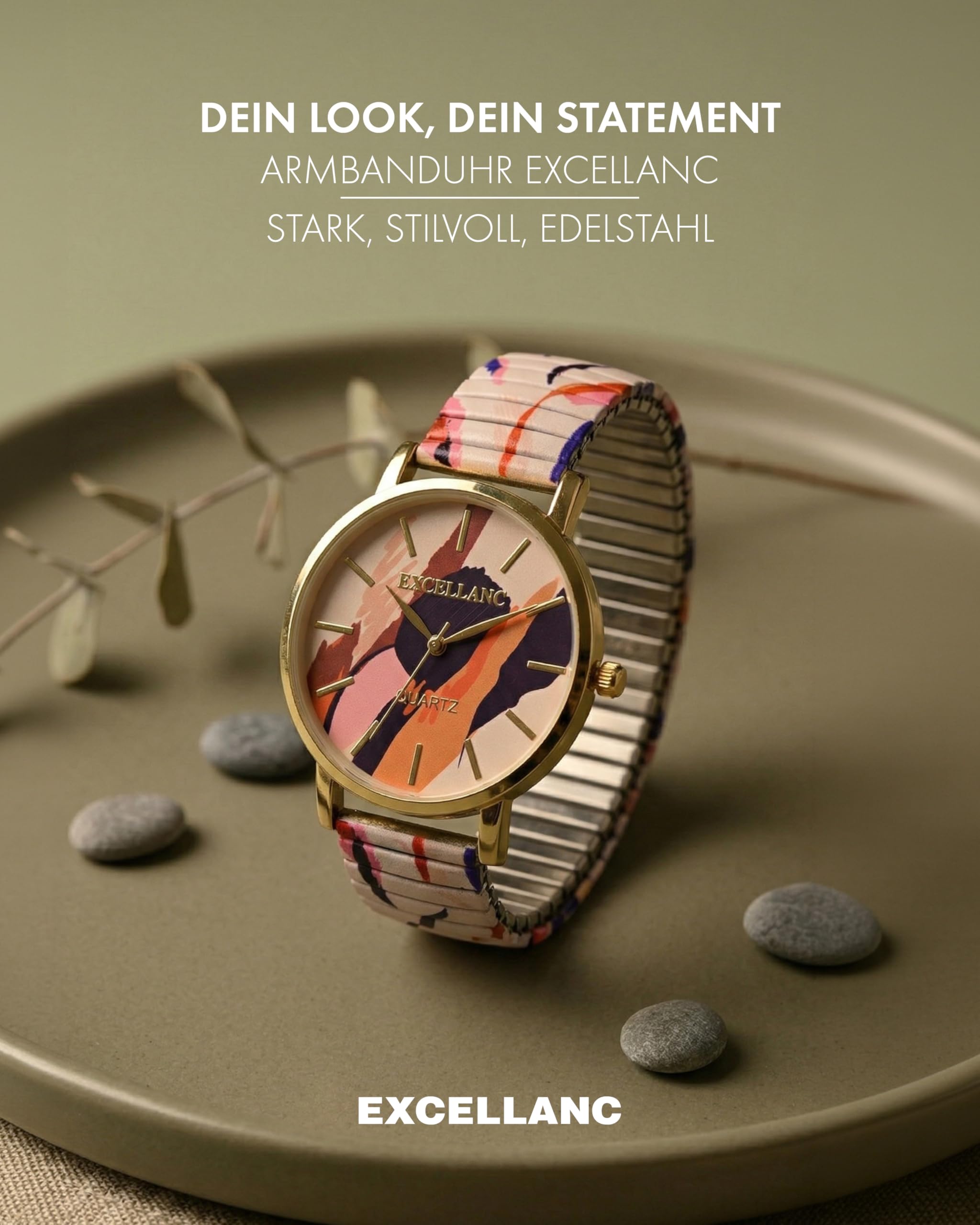 Excellanc Orologio da donna con cinturino in acciaio inox, Ø 36 mm, motivo colorato, stampa analogico, al quarzo, 1700060