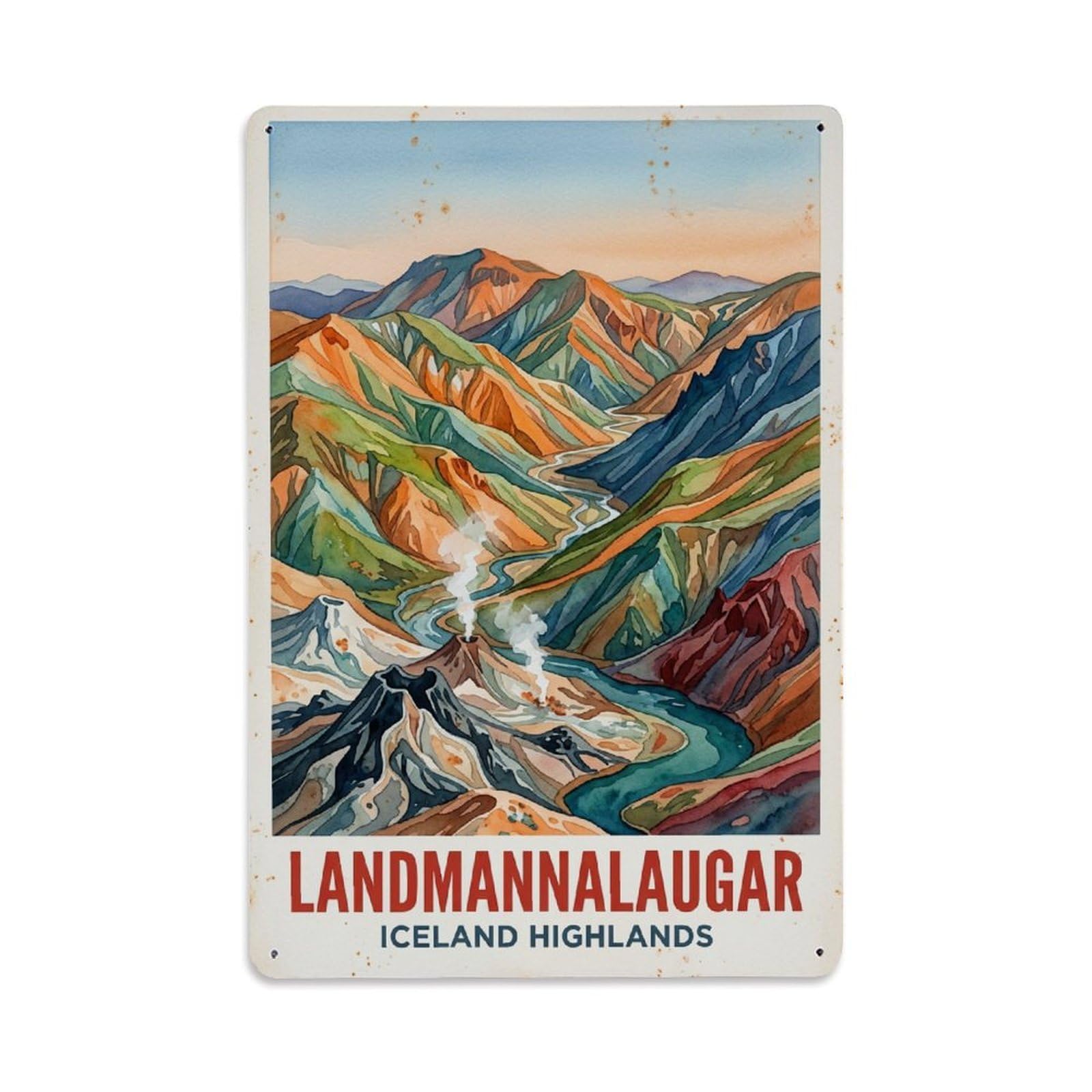 Fyrn Style Metal Tin Sign Vintage Travel Landmannalaugar Iceland Highlands