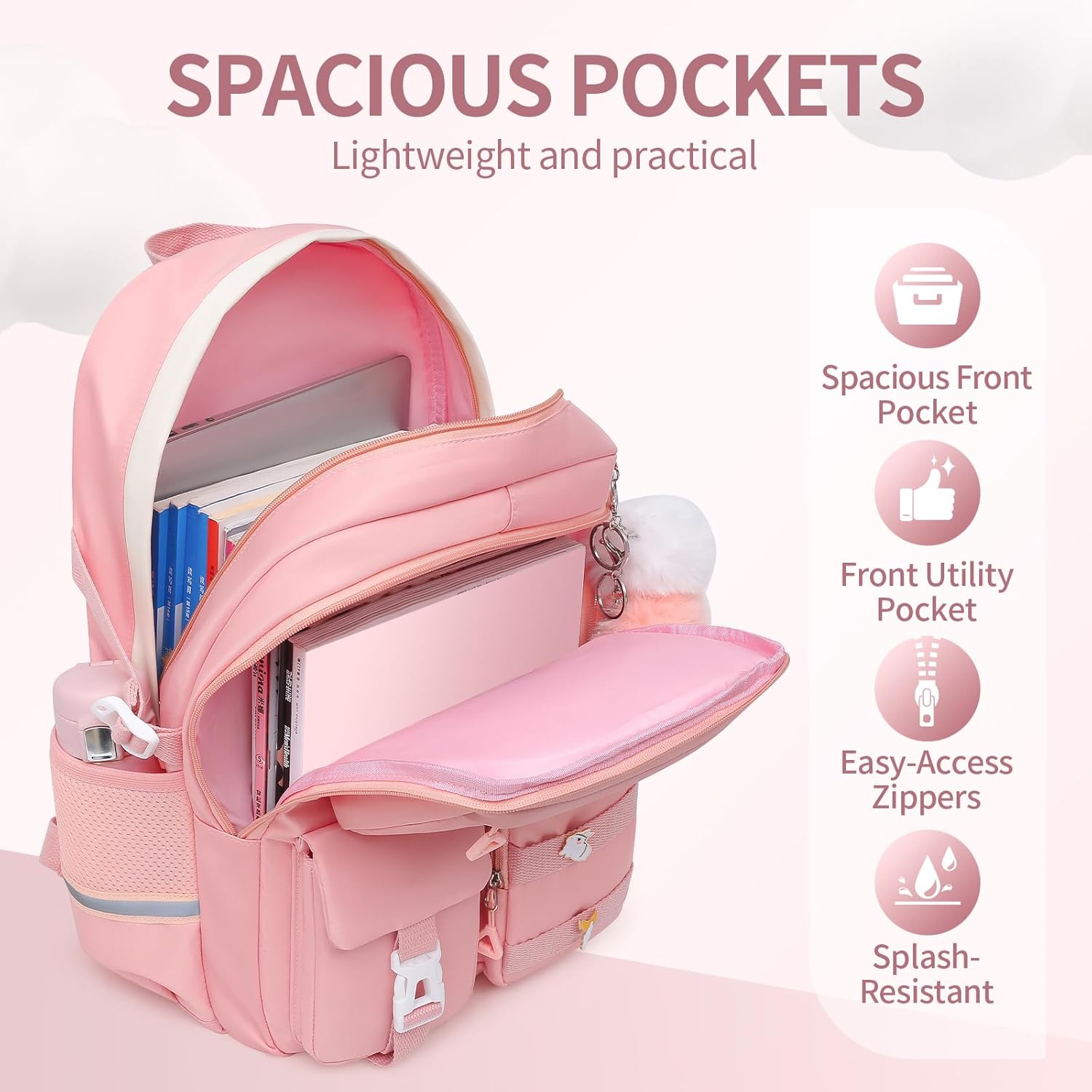 Girls Backpack Student Laptop Book Bag with Multiple Pockets for Teen Kids Elementary Middle School Travel Daypack Pink Tote - Image 2