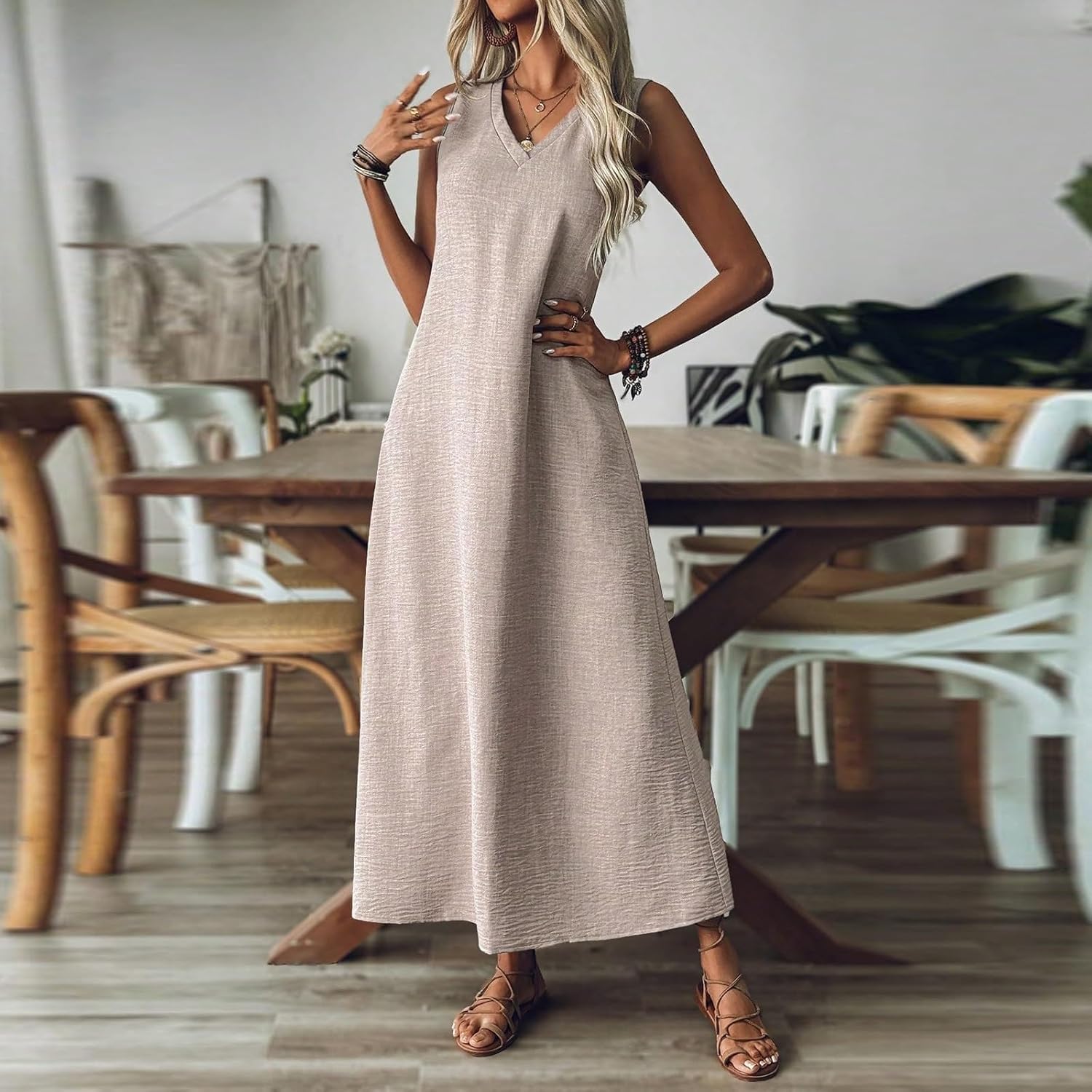 Women Long Dress Cotton Linen Sleeveless Boho Maxi Dresses Flowy Beach Tank Dress Lazy Stylish Loose Bodysuit - Image 5