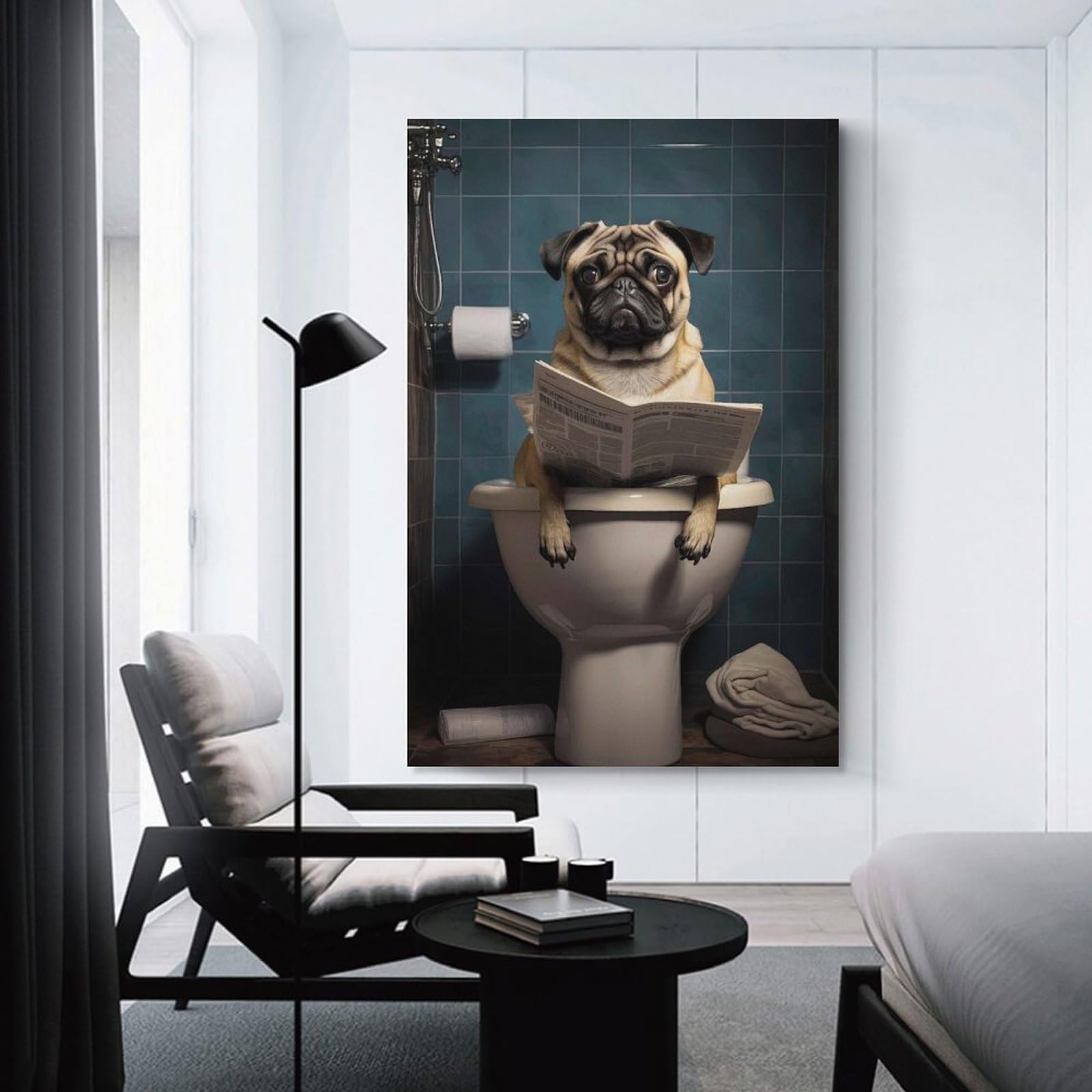 Junmoney Unframe-Style-10 Pug Dog On The Toilet Poster, Picture, Metal Print, Paint By Coral Blackwell Canvas Art Print 12X18inch(30X45cm), For Feature Walls In Flats Or Modern Rooms, Ideal For Building A Coordinated Art Wall