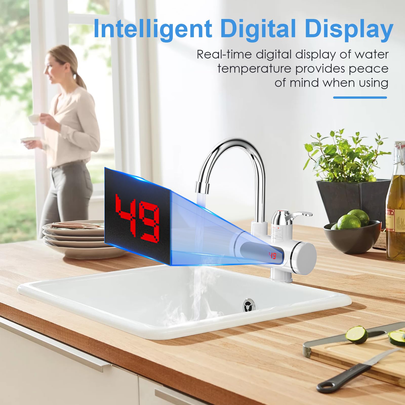 Rubinetto Istantaneo 220V 3000W per Scaldabagno Elettrico - Display Digitale LED, Alta Velocità, Girevole 360°, Acciaio Inox - per Cucina, Bagno
