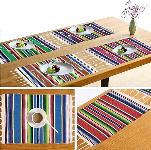 Miniatura 3 de Manteles individuales mexicanos para fiestas mexicanas, bodas, fiestas, decoración de comedor al aire libre, mesa de cocina de algodón con flecos,