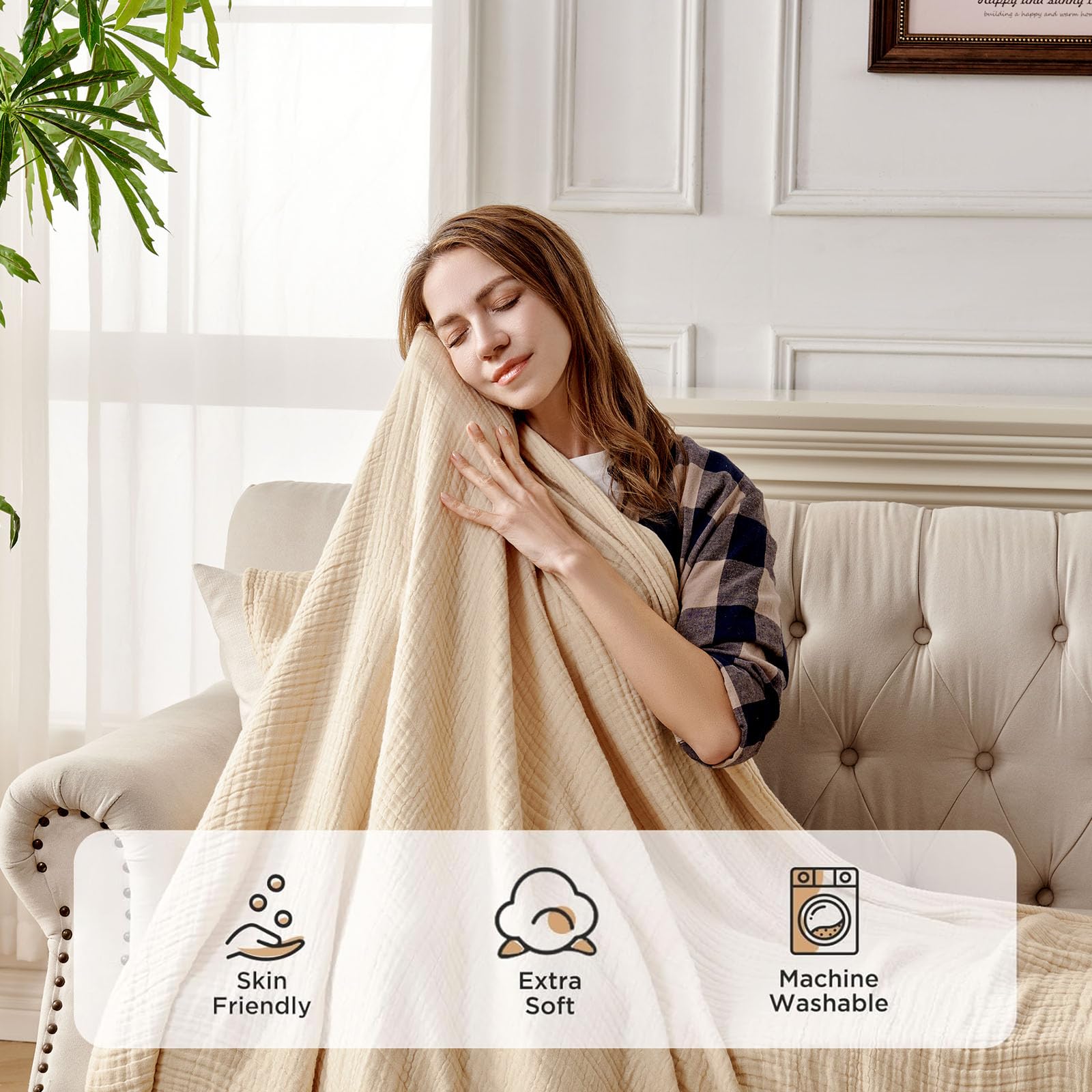 Joydeco Coperta in 100% mussola di cotone, per divano, letto e divano, coperta in morbida garza a 4 strati, leggera e traspirante, per tutte le stagioni, coperta di lusso in cotone da regalo (marrone