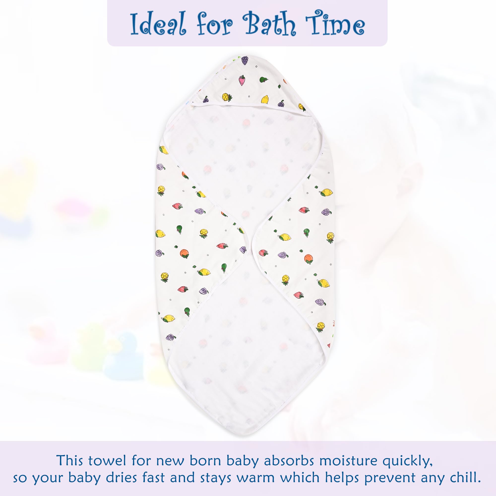 Urbane Home Pack of 2 Soft & Absorbant Cotton Hooded Towels for New Born Baby | Wrapping Bath Towel for 0-12 Months | 83x83 cm | Fruit Print-White 2