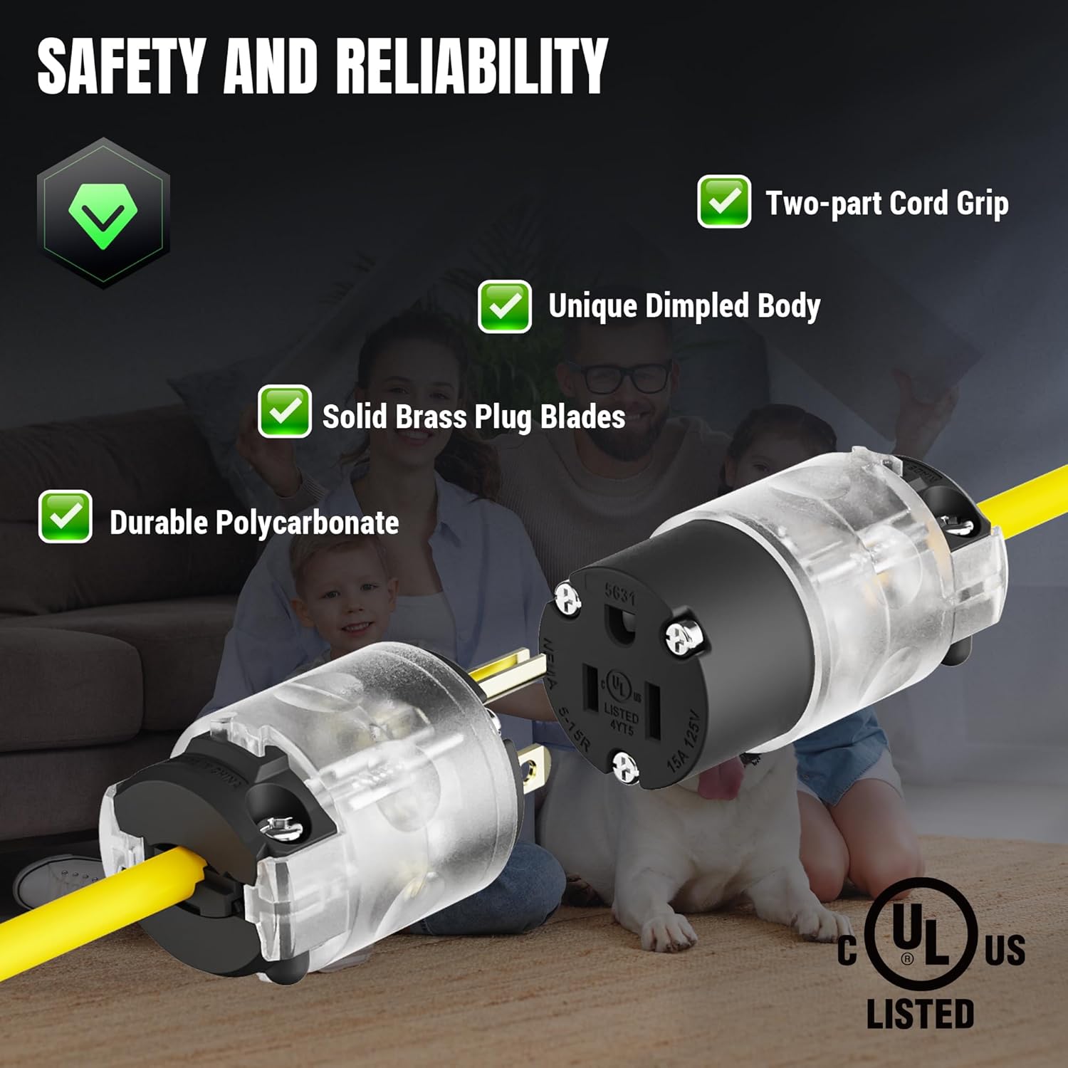 8 Pack Lighted Extension Cord Replacement Ends15 Amp 125 Volt NEMA 5-15R 2 Pole 3 Wire Grounding Electrical Connectors Female Plug End Replacement 3 Prong Commercial Grade, Black