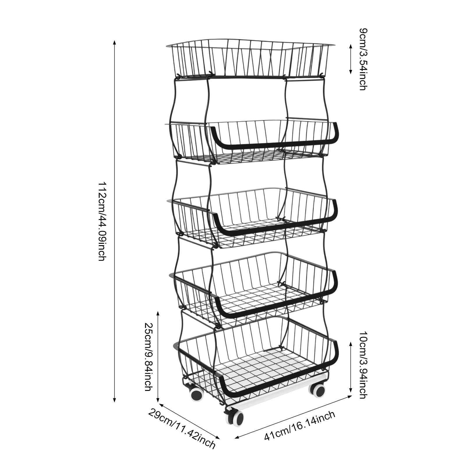 Cesta de frutas y verduras de acero al carbono de 5 niveles, color negro, con 4 ruedas silenciosas (2 con freno), diseño de rejilla ventilada y bandeja colectora de agua, ahorra espacio para cocina