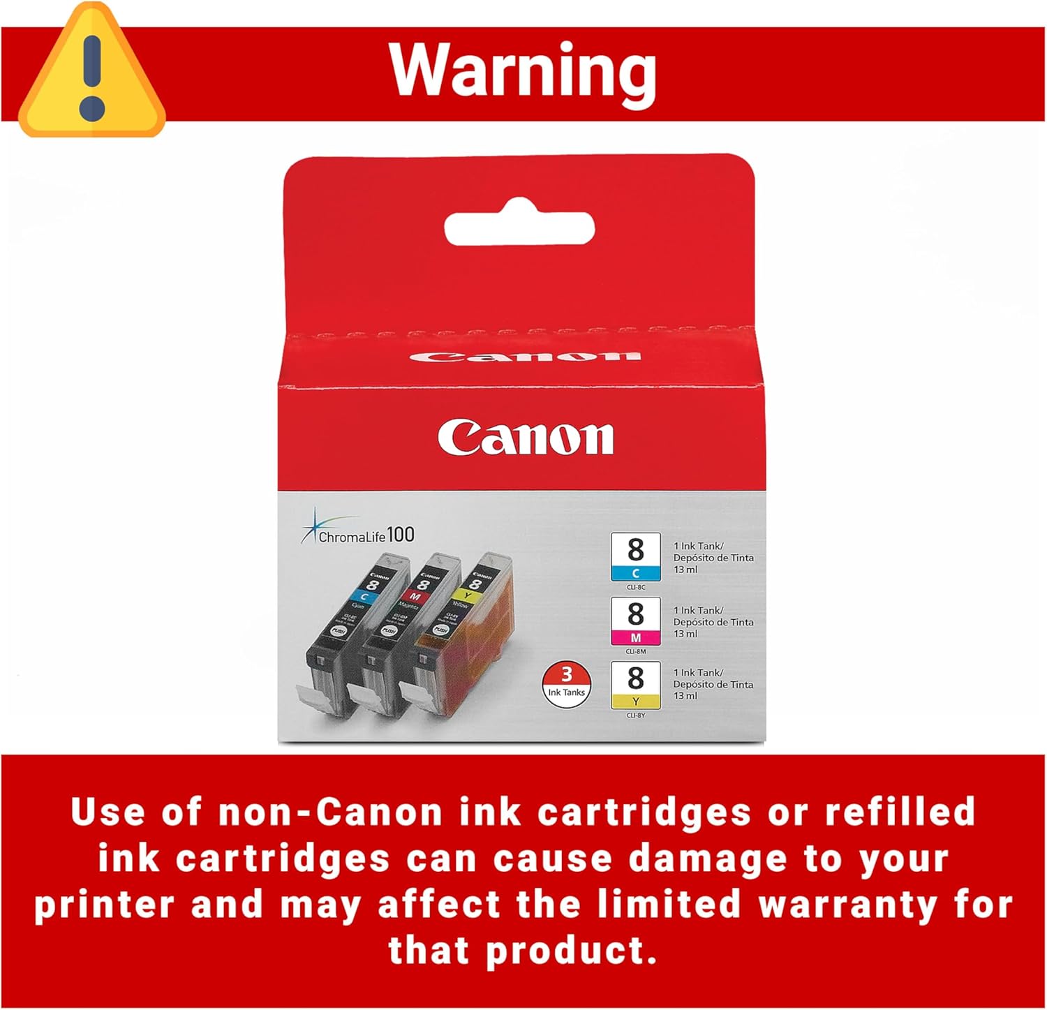 Canon CLI-8 Genuine Three Color Ink Tank, Compatible with iP4300, iP3500, iP3300, MP970, MP960, MP950, MP800R, MP830, MP810, MP800, MP500, MX850, MX700, MP610, MP600, MP530, MP520, and MP510 Printers