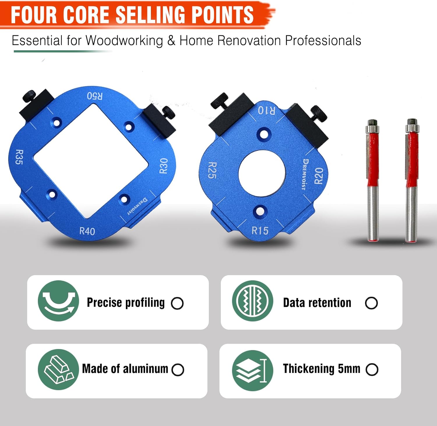 Router Corner Radius Template 2 Pack,with 2 Trim Bit Aluminum Alloy Radius Jig Router Templates,8-in-1 Arc Cutting Guide Set (R10-R50),Use with Router Table,Fits Handheld,Trim,and Table Routers,Blue
