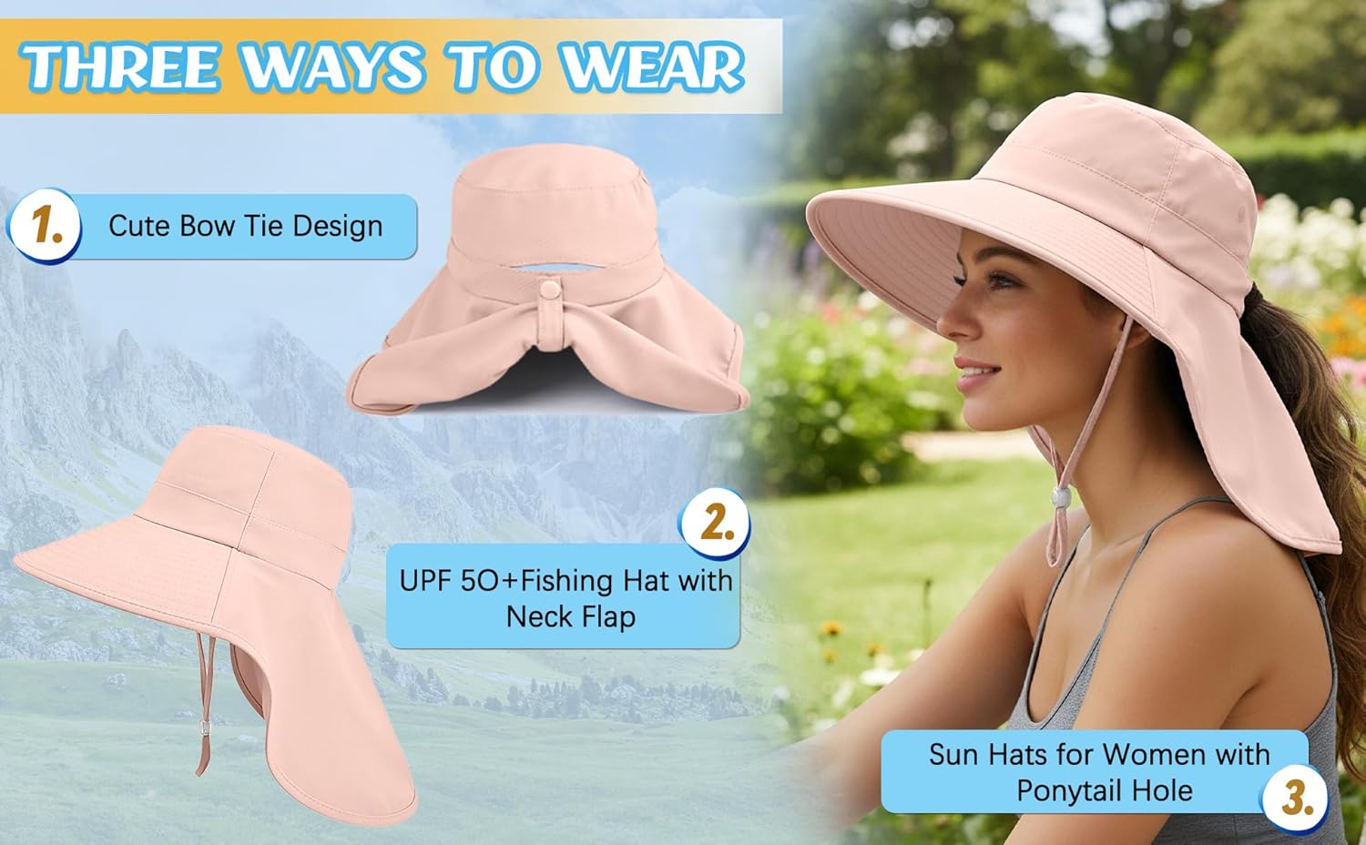 Ruqizhi Sun Hats for Women with Neck Flap Ponytail Hole Women Sun Hats Rollable UV Protection Fishing Hats Wide Brim UPF 50+ - Image 6