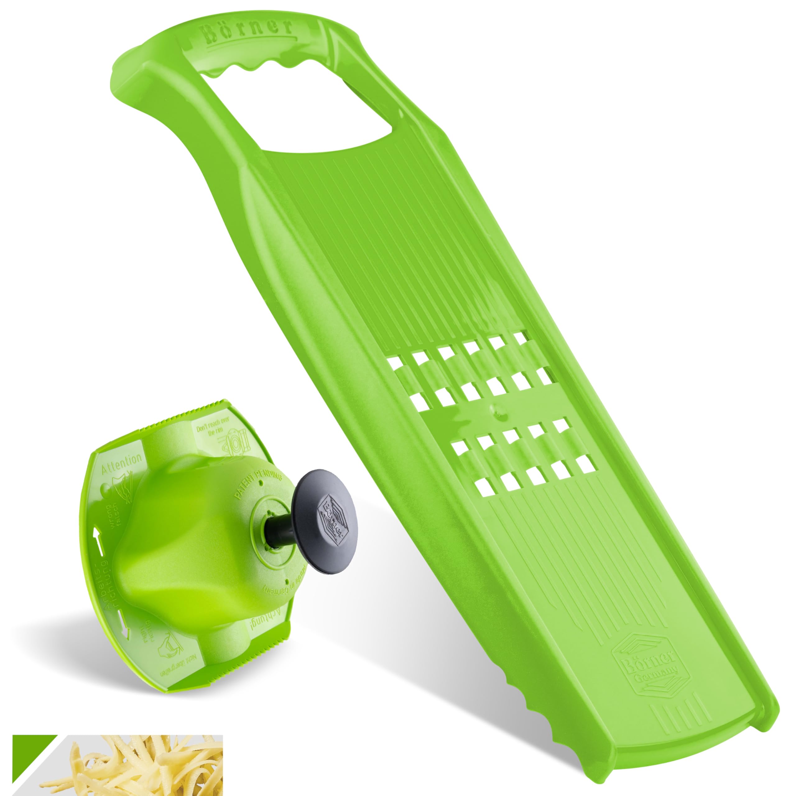BörnerRösti Powerline Potato Grater (2 pcs.) • Vegetable Grater + Safety Guard for Swiss Rösti (Potato Hash Browns), Zucchini Fritters • Vegetable Shredder Set for Raw Potatoes (Green)
