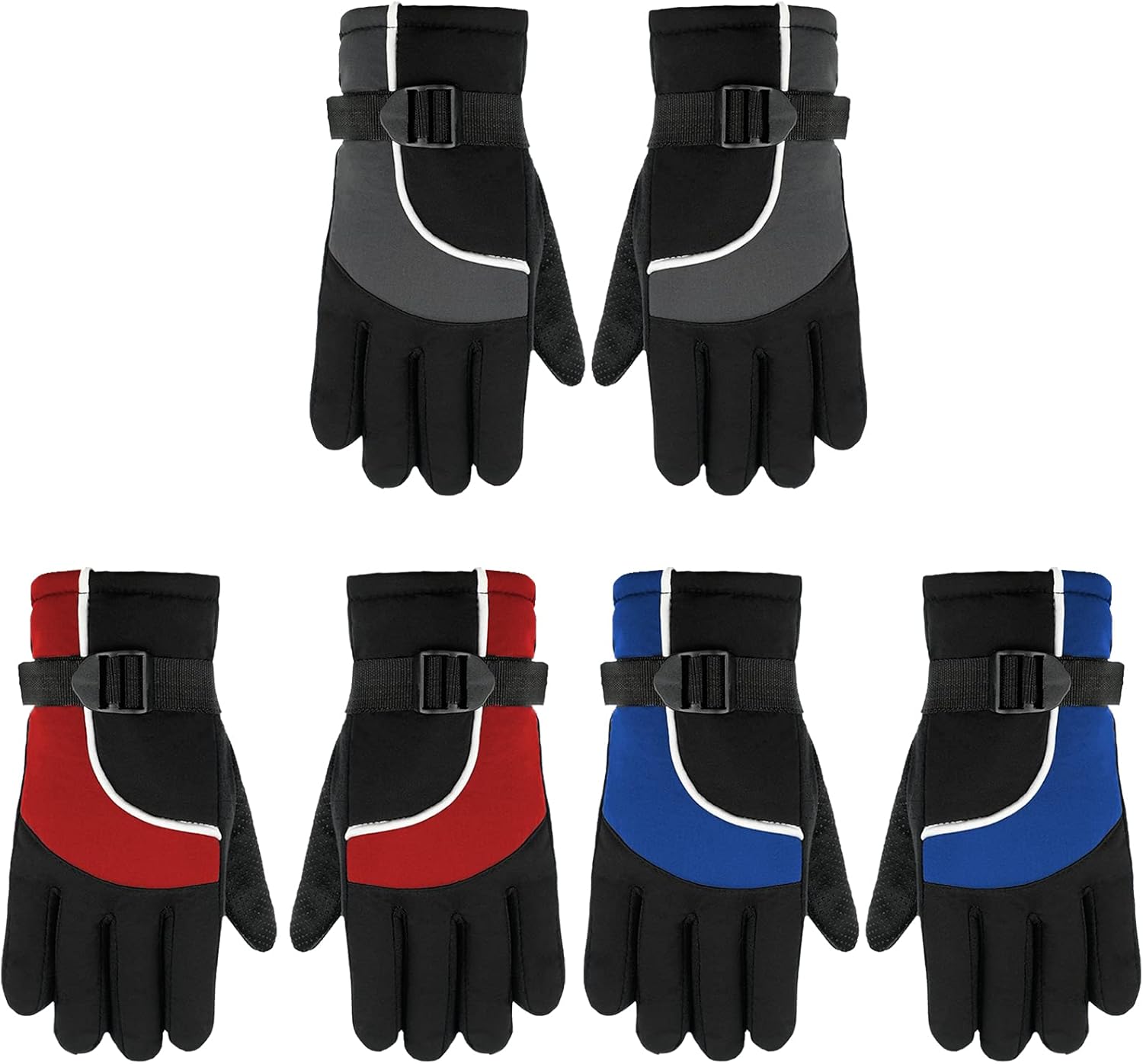 SATINIOR 3 Pairs Kids Waterproof Winter Gloves Warm Snow Ski Gloves Adjustable for Boy Girl Toddler Cold Weather (4-8 Years,Red, Blue, Gray)