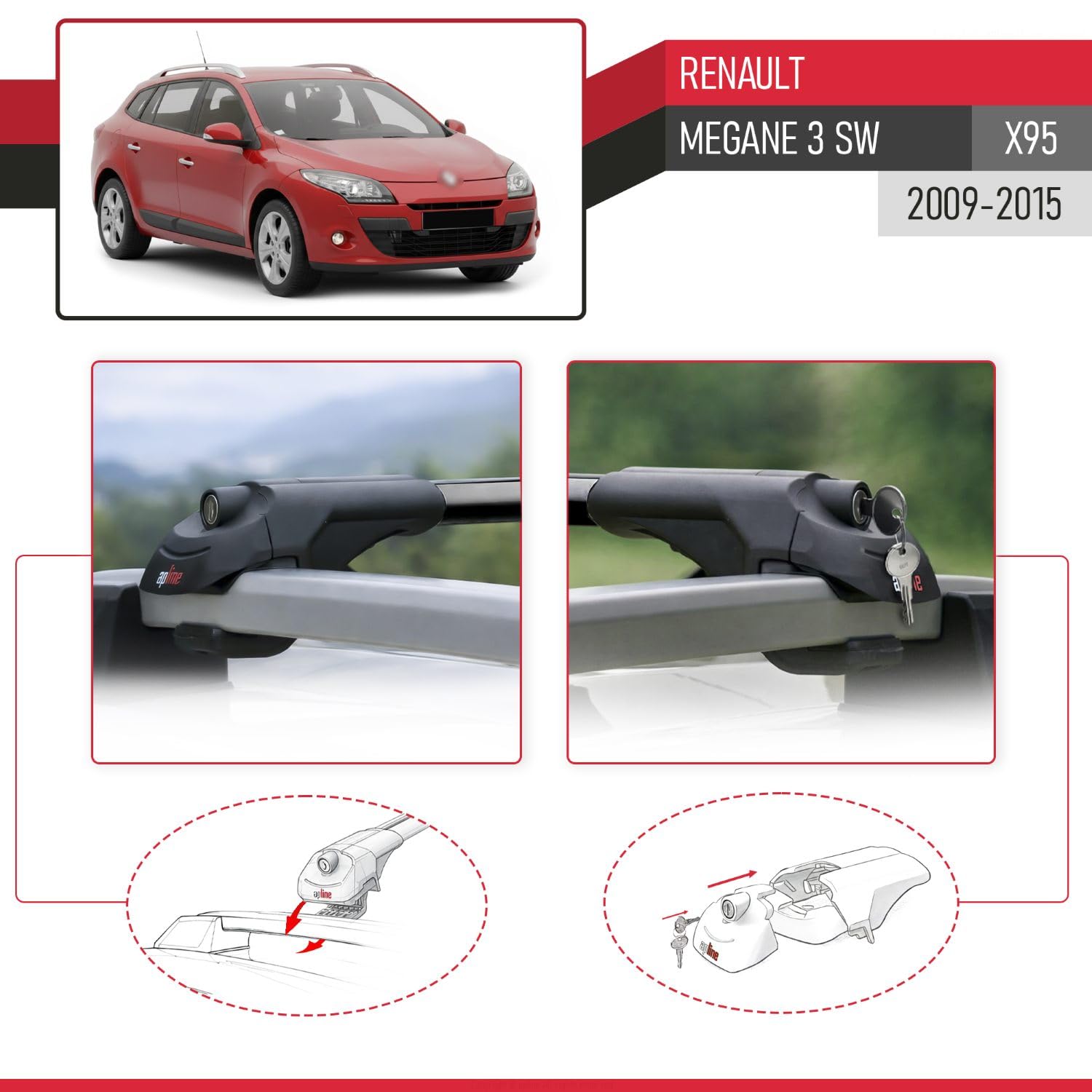 Kompatybilny z Renault Megane 3 SW (X95) 2009-2015 ACE-1 Model Aluminiowe poprzeczki dachowe Czarny 3 szt.
