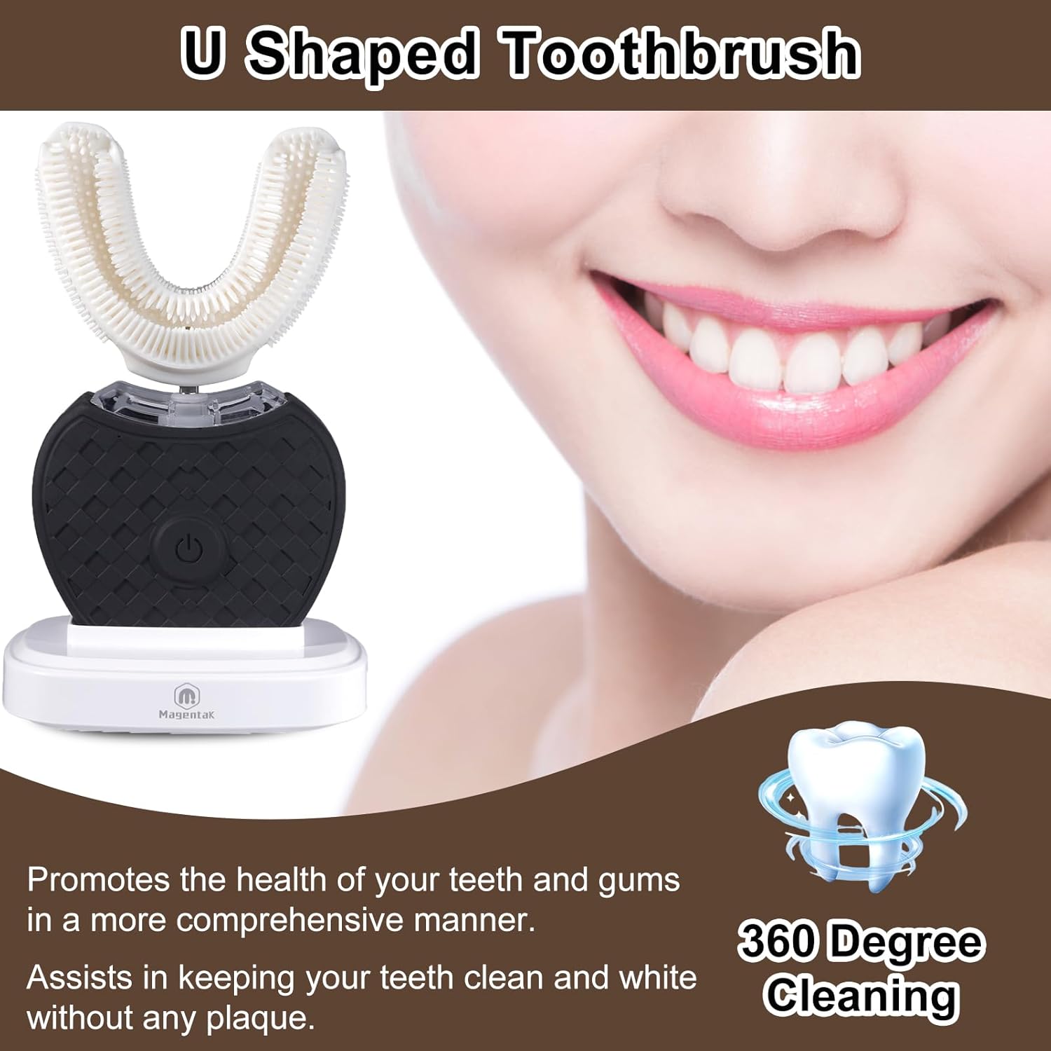 U-Shaped Ultrasonic Toothbrush for Teeth Whitening, Automatic Electric Toothbrush for Adults 360-degree Cleaning, Wireless Charging and IPX7 Waterproof Kit for Travel or Home(Black)