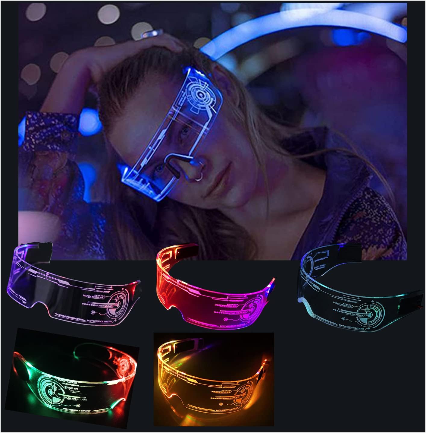 Fency 5 Piece Futuristic Cyberpunk LED Glasses Light Up Sunglasses 7 Flashing Colors 2 Modes