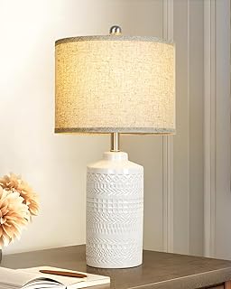 White Ceramic Table Lamp with Beige Shade: 3-Way Dimmable Night Stand Li...
