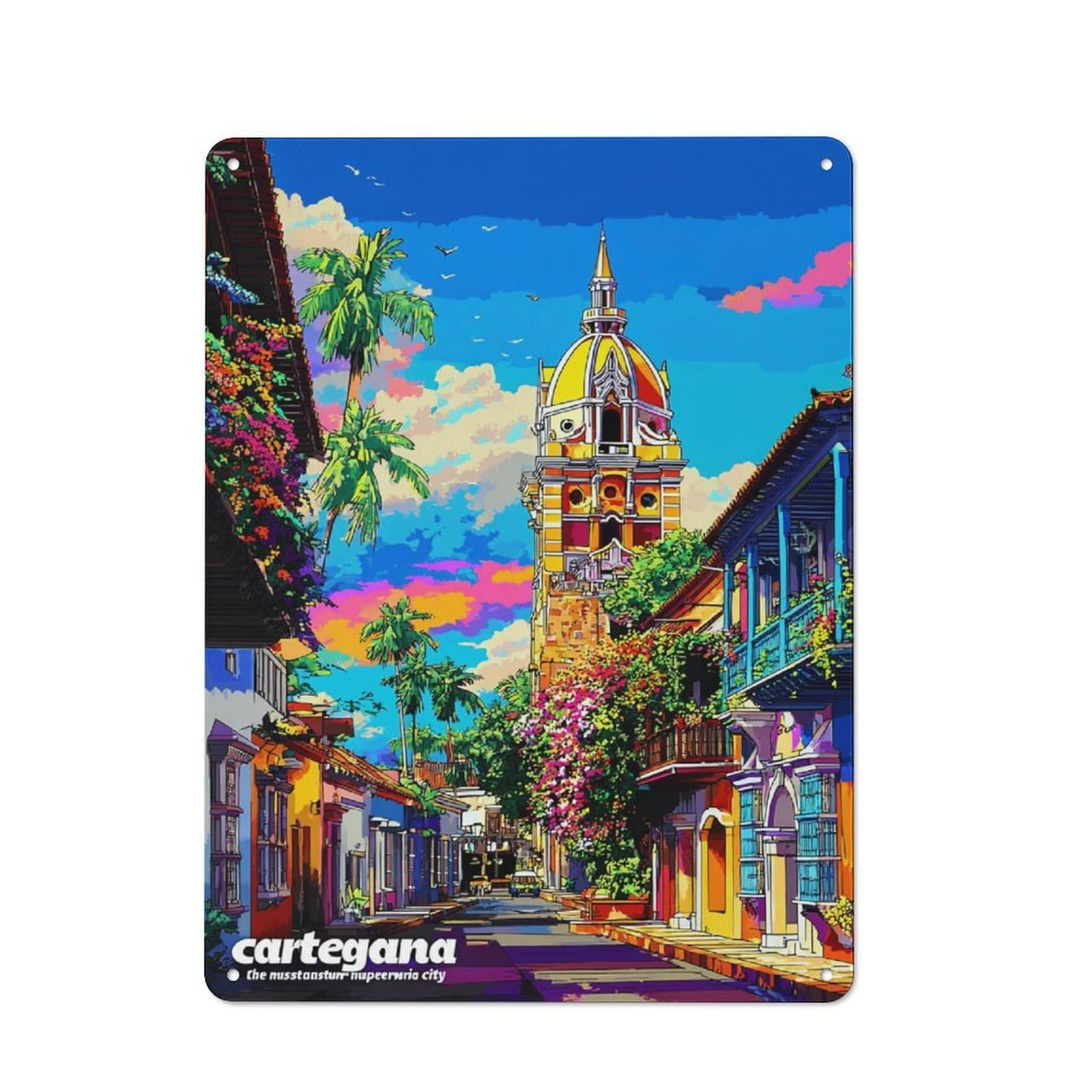 Junmoney Brightly Colored Cartagena Street Scene Metal Sign 40X30cm With For Workshop Wall, Rustic Decor, Wall Decoration For Workshops And Hobby Rooms