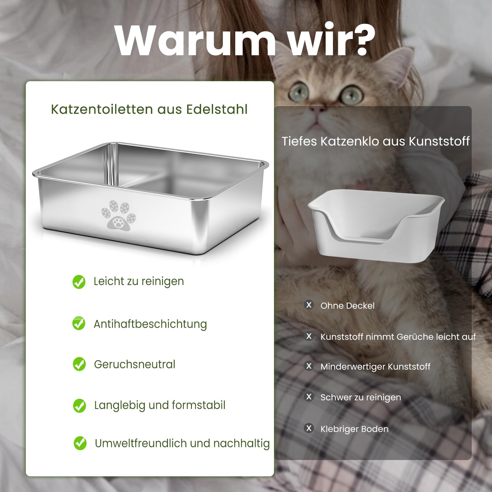 PTLOM Lebensmittelgrade Katzenklo Edelstahl Katzentoilette - Katzenklo Offen Klein Mit Niedrigem Einstieg für ältere Katzen, Abgerundete Kanten, Rostfrei & Antihaftbeschichtet,45x35x15cm