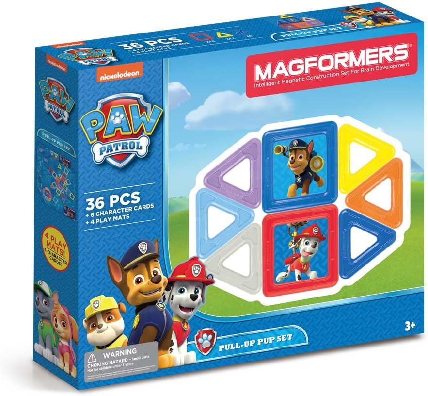 MAGFORMERS Paw Patrol 36 Pieces Pull Up Pup Set, Rainbow Colors, Educational Magnetic Geometric Shapes Tiles Building STEM Toy Set Ages 3+