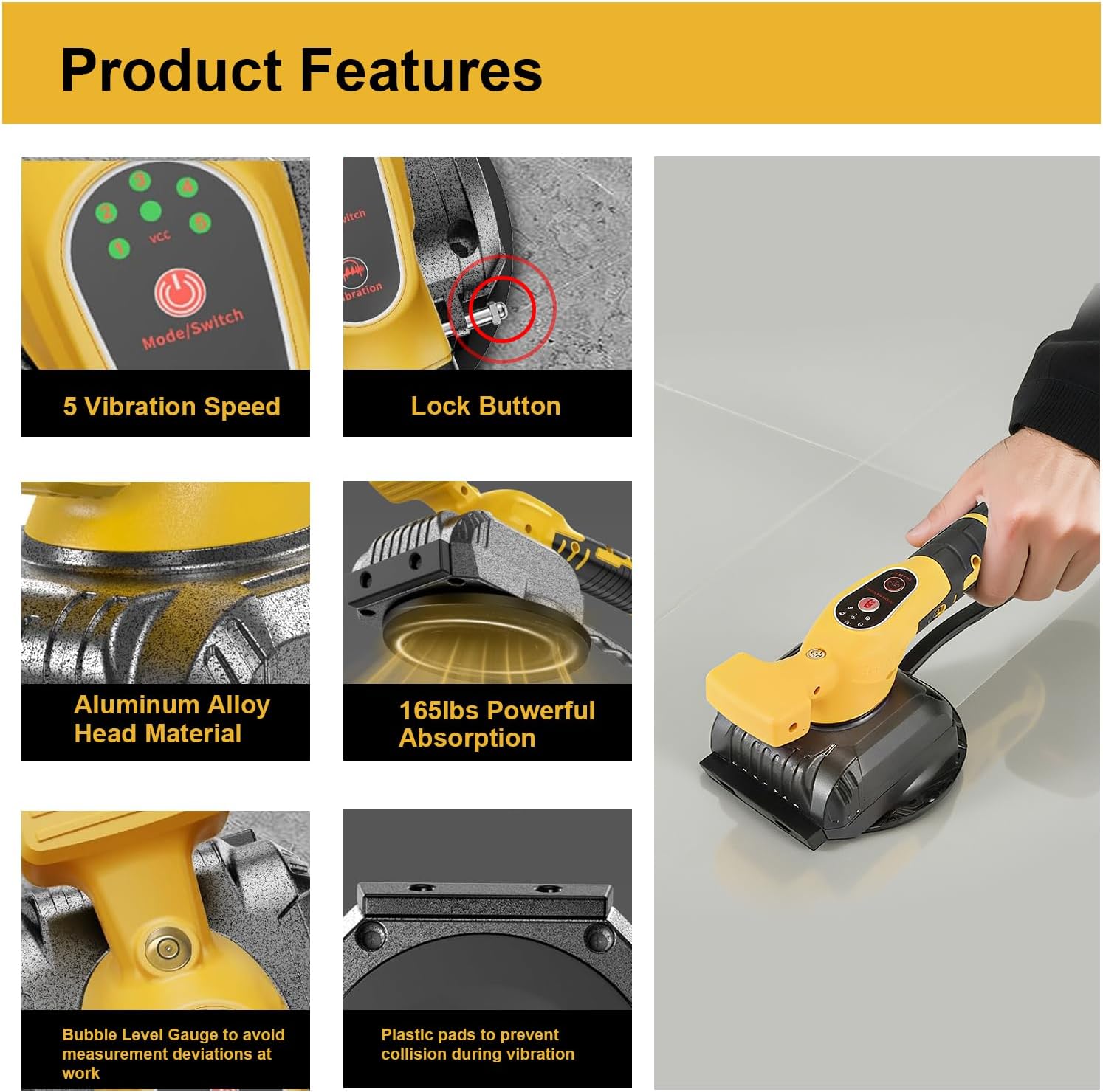 Tile Vibration Leveling Tool Compatible with Dewalt Battery,Cordless Tiler Vibration Installation Tool with Bubble Level Gauge, Suction Cup, Lock Design,Tile Vibrator For Wall Floor(No Battery)