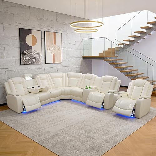Miniatura 48 de Juego de sofá modular reclinable eléctrico para sala de estar, juego de sofá reclinable de cuero con luces LED / almacenamiento oculto, sofá en