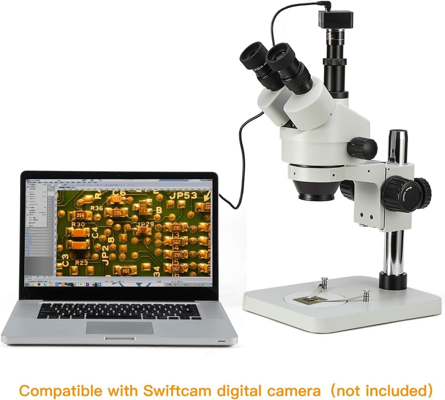 SWIFT Trinocular Stereo Zoom Microscope with 56-Bulb LED Ring Light,3.5X-90X Magnification,WF10X Eyepieces,0.7X-4.5X Zoom Objective, 0.5X 2.0X Additional Objectives,Table Pillar Stand