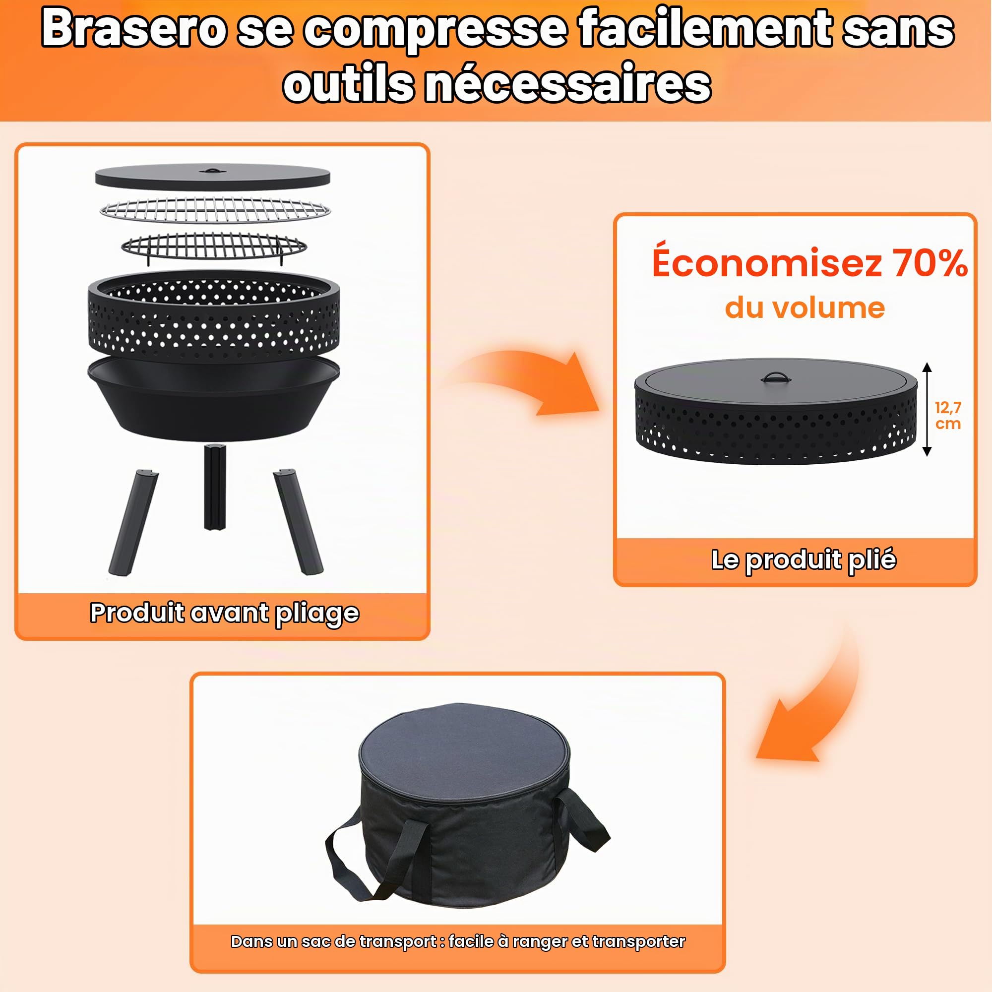 Brasero Extérieur 54.6 cm avec Grille de BBQ, Foyer Multifonctionnel Portable à Bois avec Sac Etanche et Tisonnier, pour Extérieur, Feu de Camp et Camping, Incinerateur de Jardin