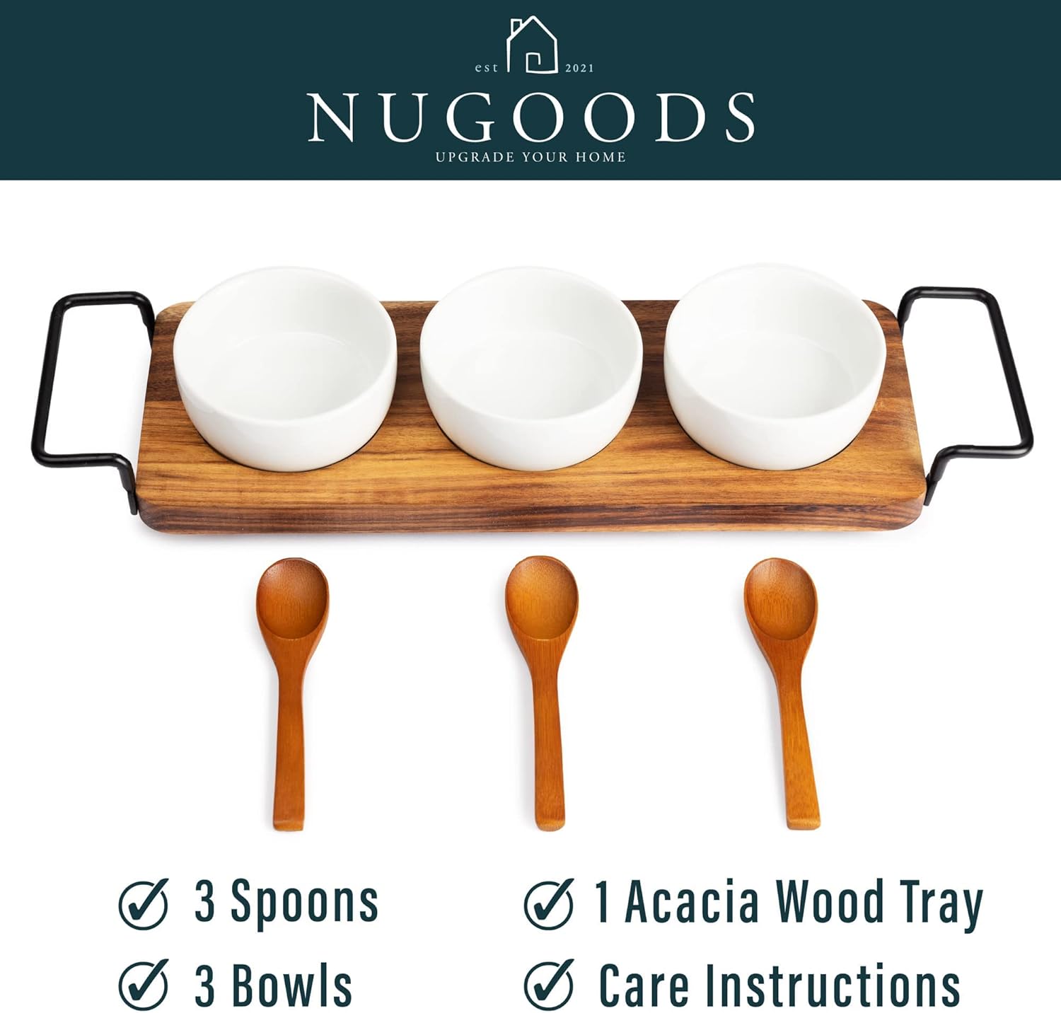 Acacia Wood Serving Tray with 3 Ceramic Bowls & 3 Wooden Spoons - Relish Tray with Stainless Steel Handles & Non-Scratch Rubber Feet Serves as Chip and Dip Serving Set for Sauces, Dips & Much More : Home & Kitchen