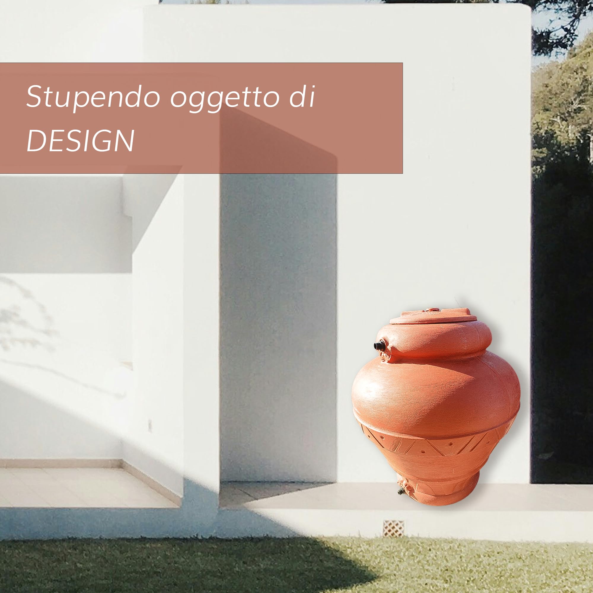 ESTO Serbatoio Acqua Elegante con Predisposizione Rubinetto 300 o 500 Litri, Cisterna Design Terracotta, Vaso Antico, Anfora, in Plastica Acqua Piovana 1000 LT/POMPA+PRESS CONTROL