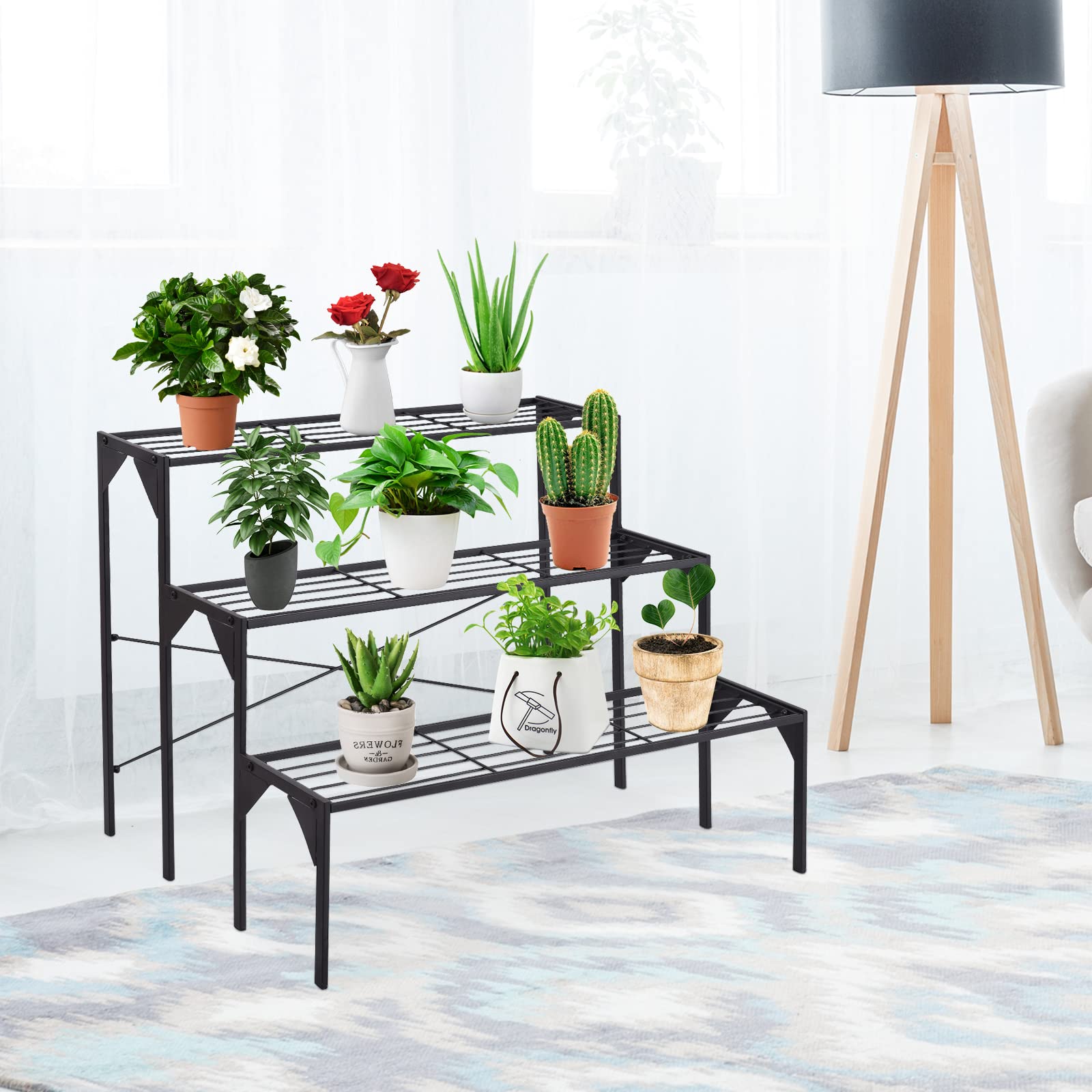 GOPLUS Estantería de Metal para Macetas, Estantería Escalera Decorativa para Plantas con 3 Niveles en Interior y Exterior, Soporte Rectangular de Almacenamiento de Macetas en Patio, Terraza, Negro