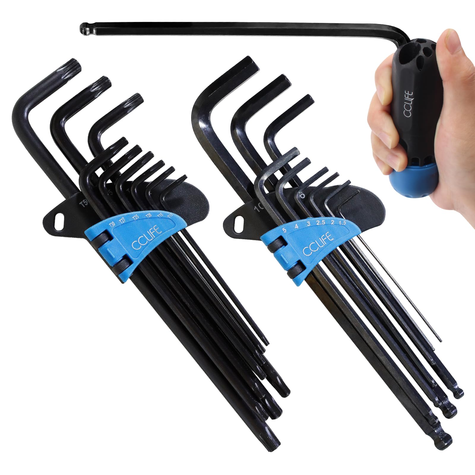 CCLIFE 18 Piezas Juego de Llaves Allen Profesionales Torx con Mango Llaves Hexagonales con Extremo en Forma de Bola 1,5mm-10mm T10-T50 Cr-V Negro